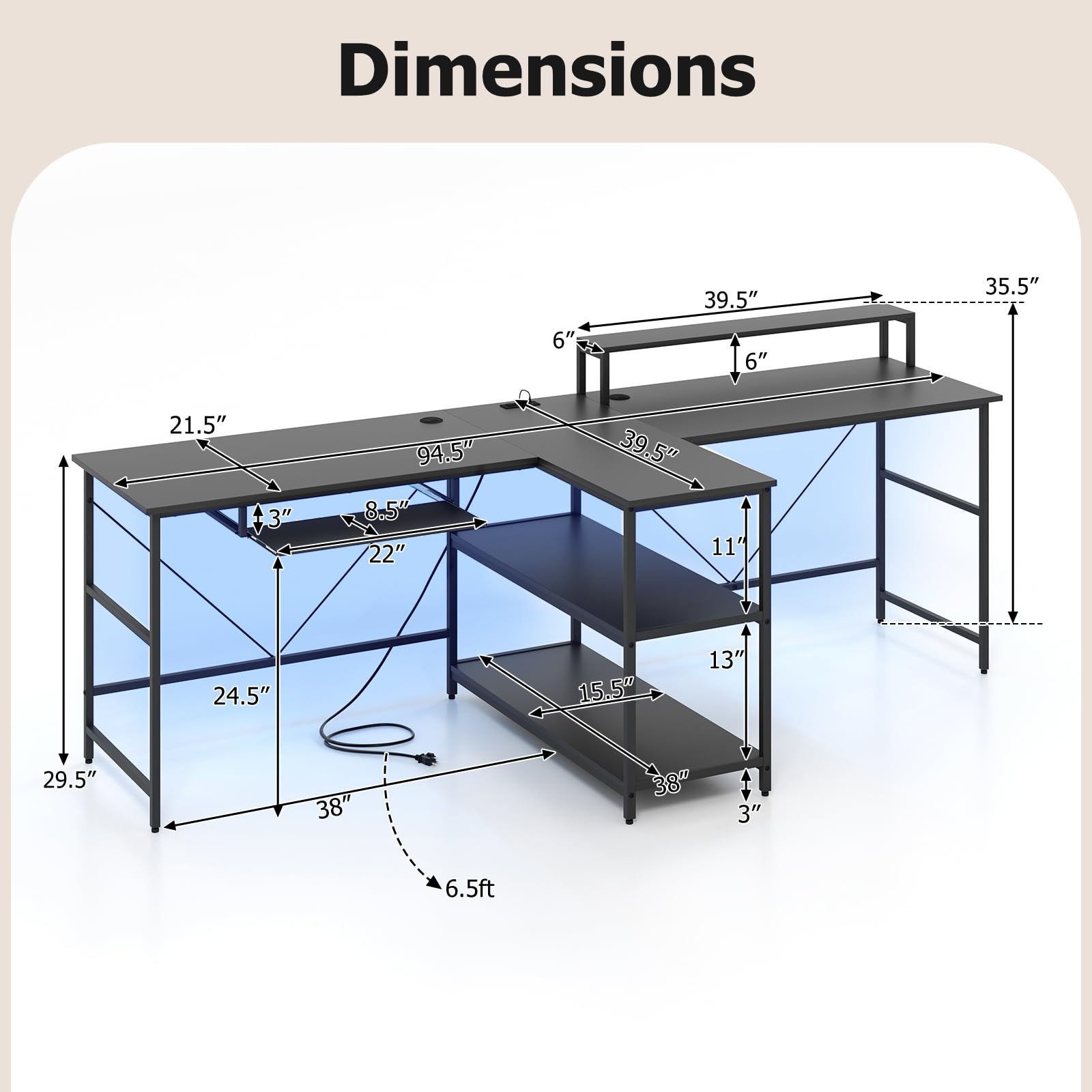 Giantex 94.5” 2 Person Desk with LED Lights, Long PC Study Desk with Storage Shelves, Power Outlets