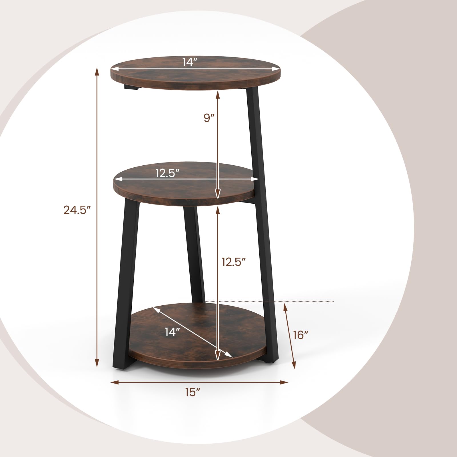 Giantex Round End Table, Industrial Side Table with Sturdy Metal Frame, Coffee Table, 3-Tier Bedside Table for Bedroom, Living Room