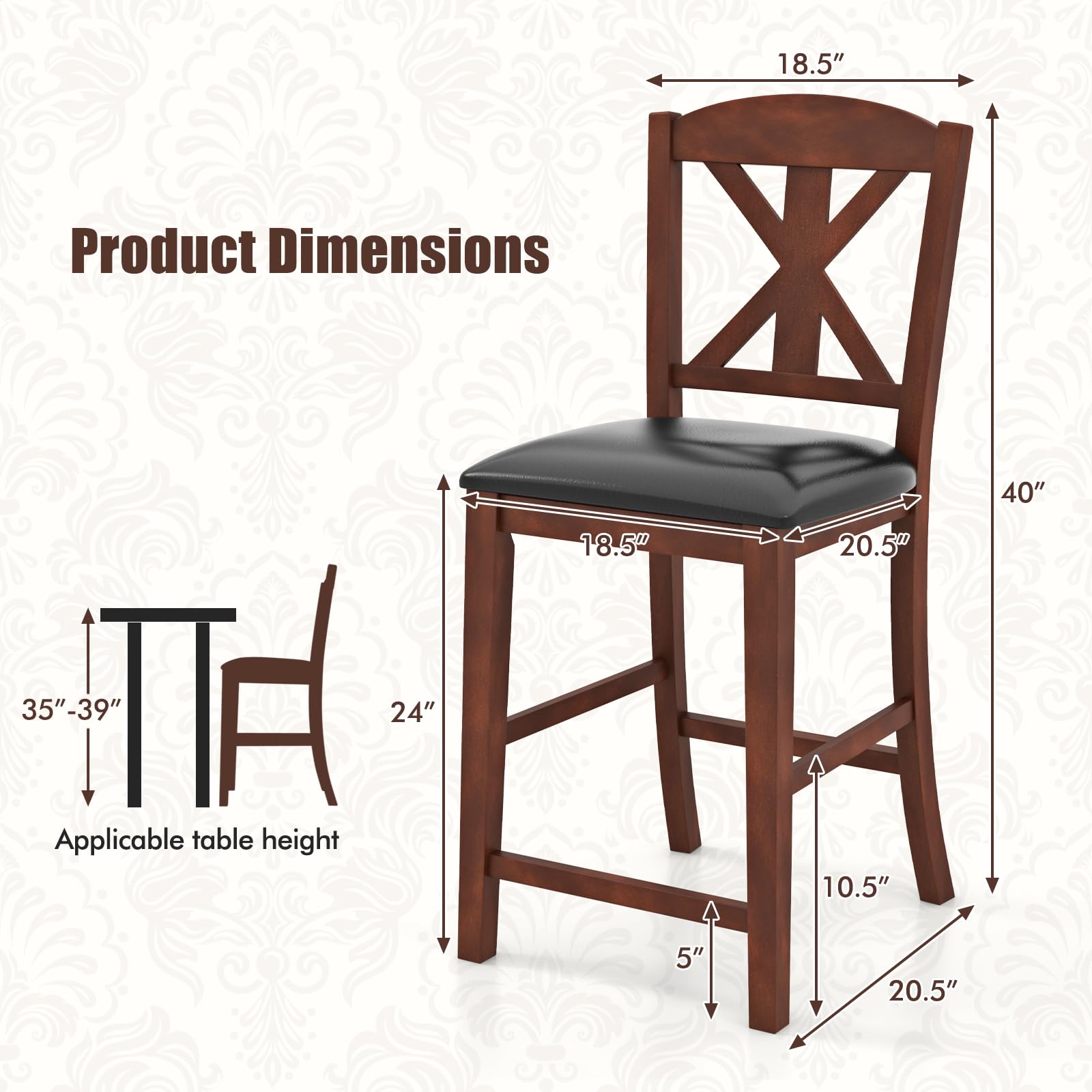 Giantex Wood Bar Stools Set, 24" Upholstered Counter Height Bar Chairs w/Hollowed High Back