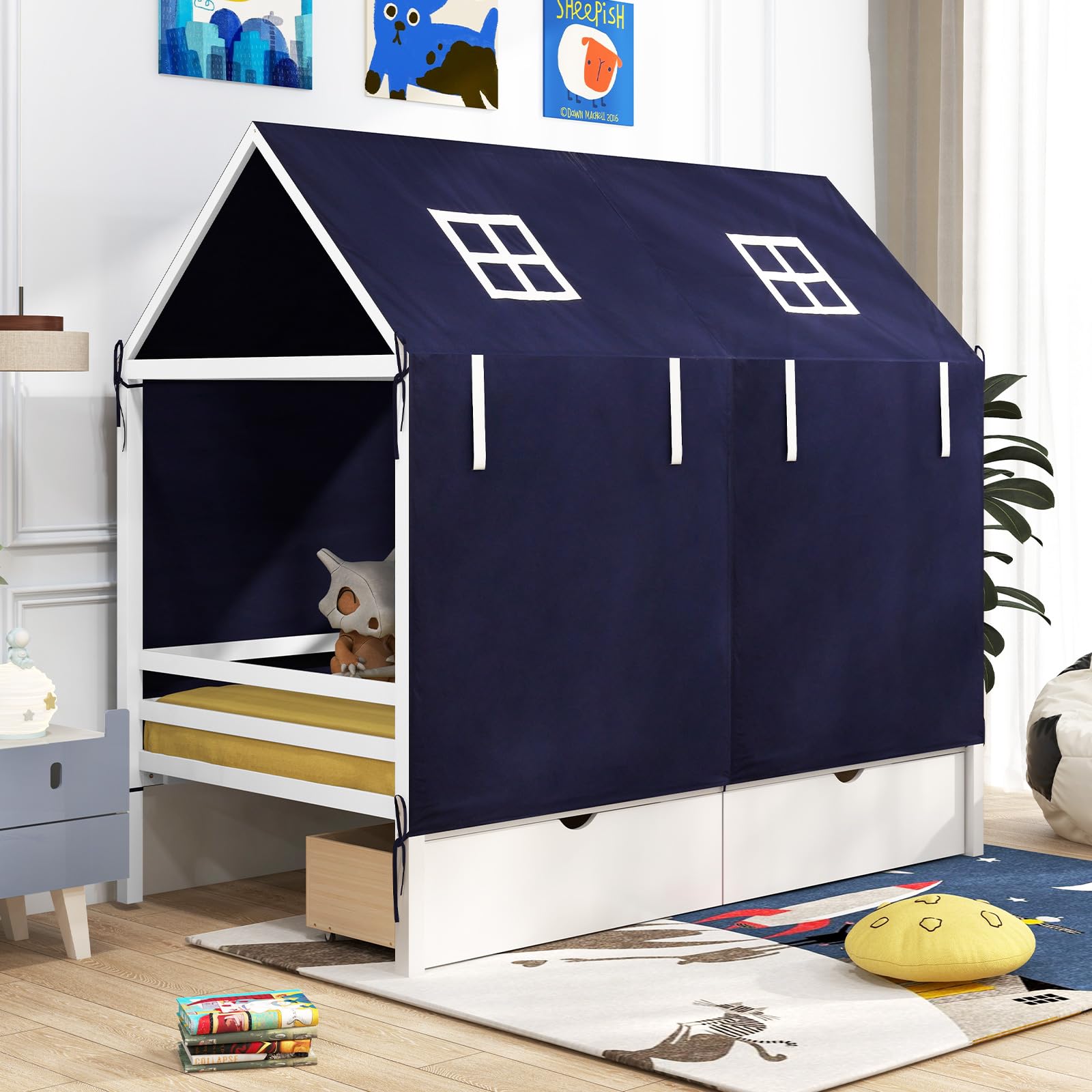 Giantex Twin House Bed with Tent, Wood Kids Bed with 2 Storage Drawers, Solid Wood Daybed Frame with Rails and Roof