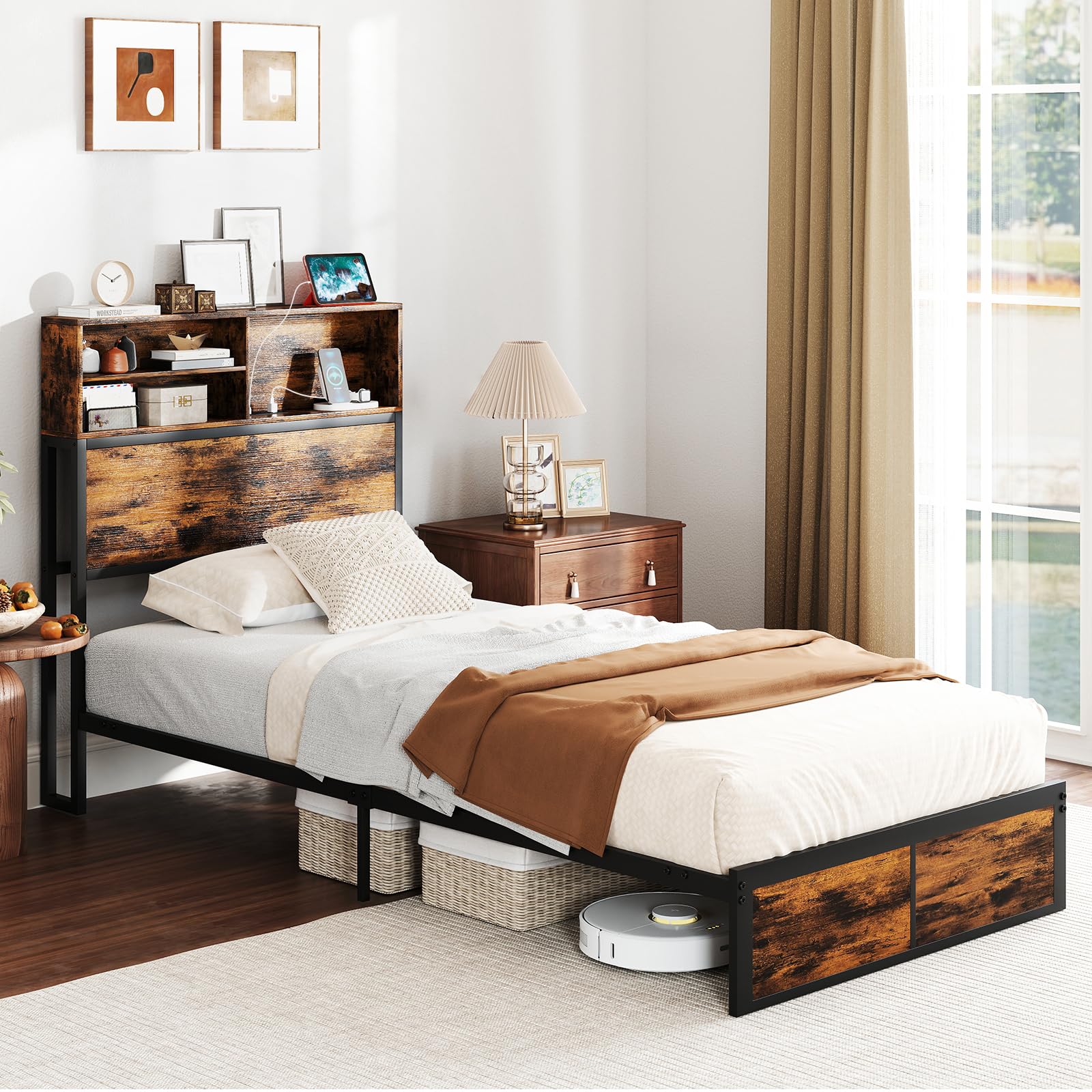 Giantex Bed Frame with Storage Headboard and Charging Station, Industrial Metal Platform Bed