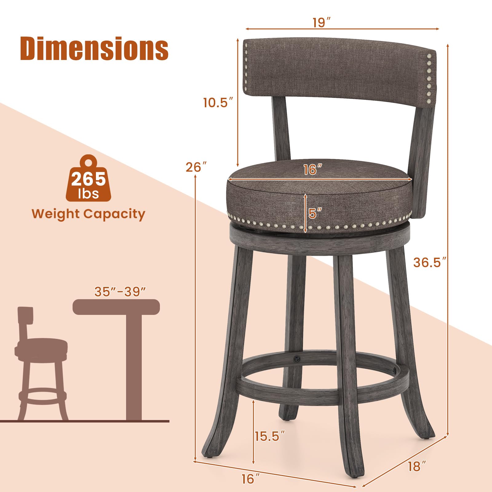 Giantex 26" Bar Stools Set, Swivel Counter Height Bar Chairs with Footrest, Rubber Wood Frame