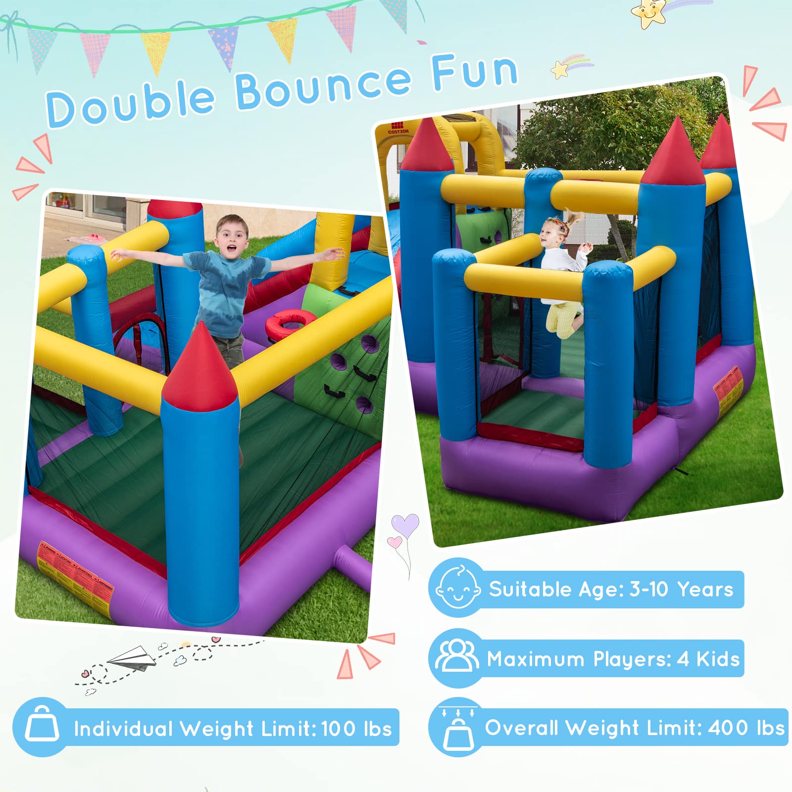 5-in-1 Inflatable Bounce Castle, Giant Blowup Jumping House with Slide for Kids w/735W Air Blower