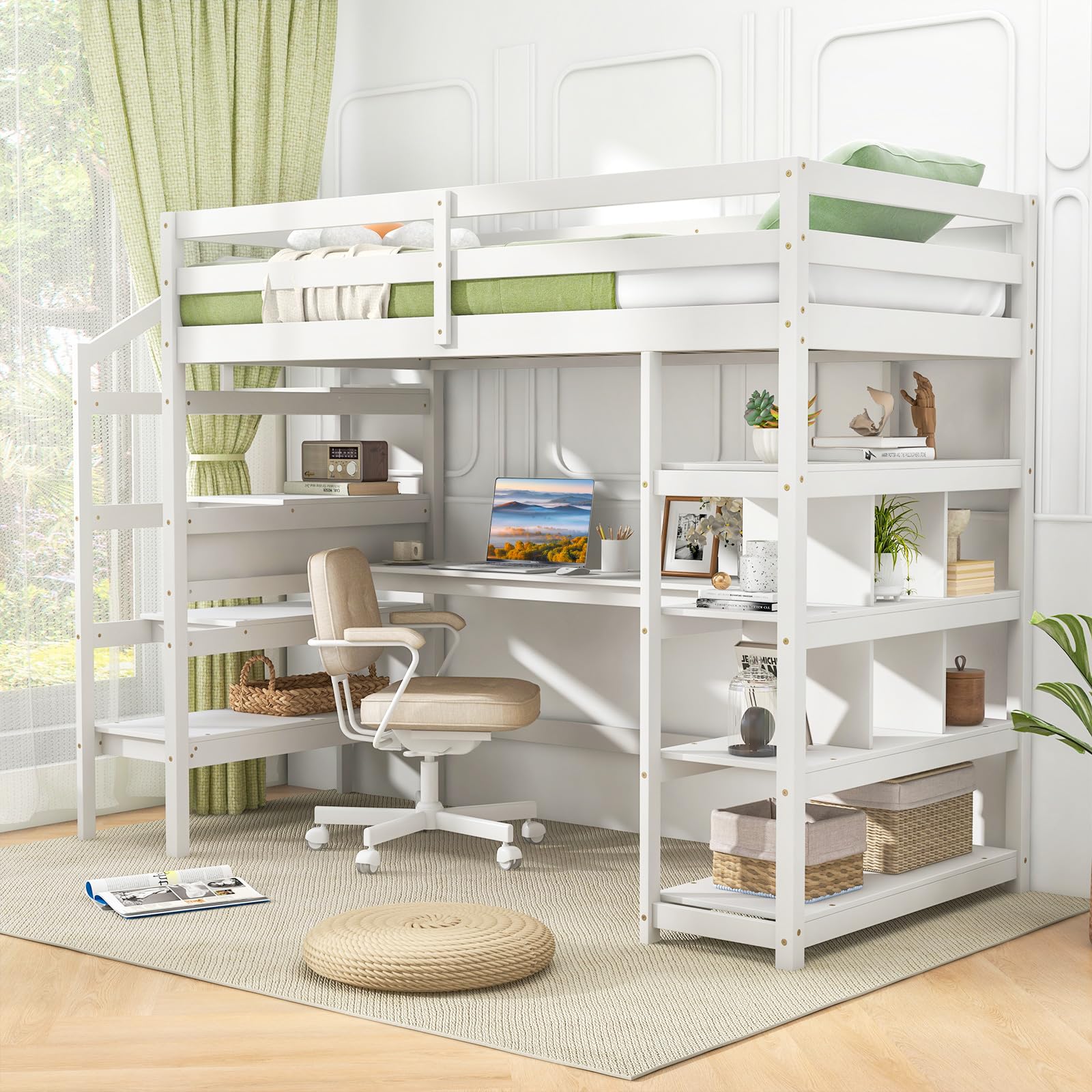 Giantex Twin Loft Bed with Desk and Stairs, Solid Wood High Loft Bed with 4-Tier Storage Shelves