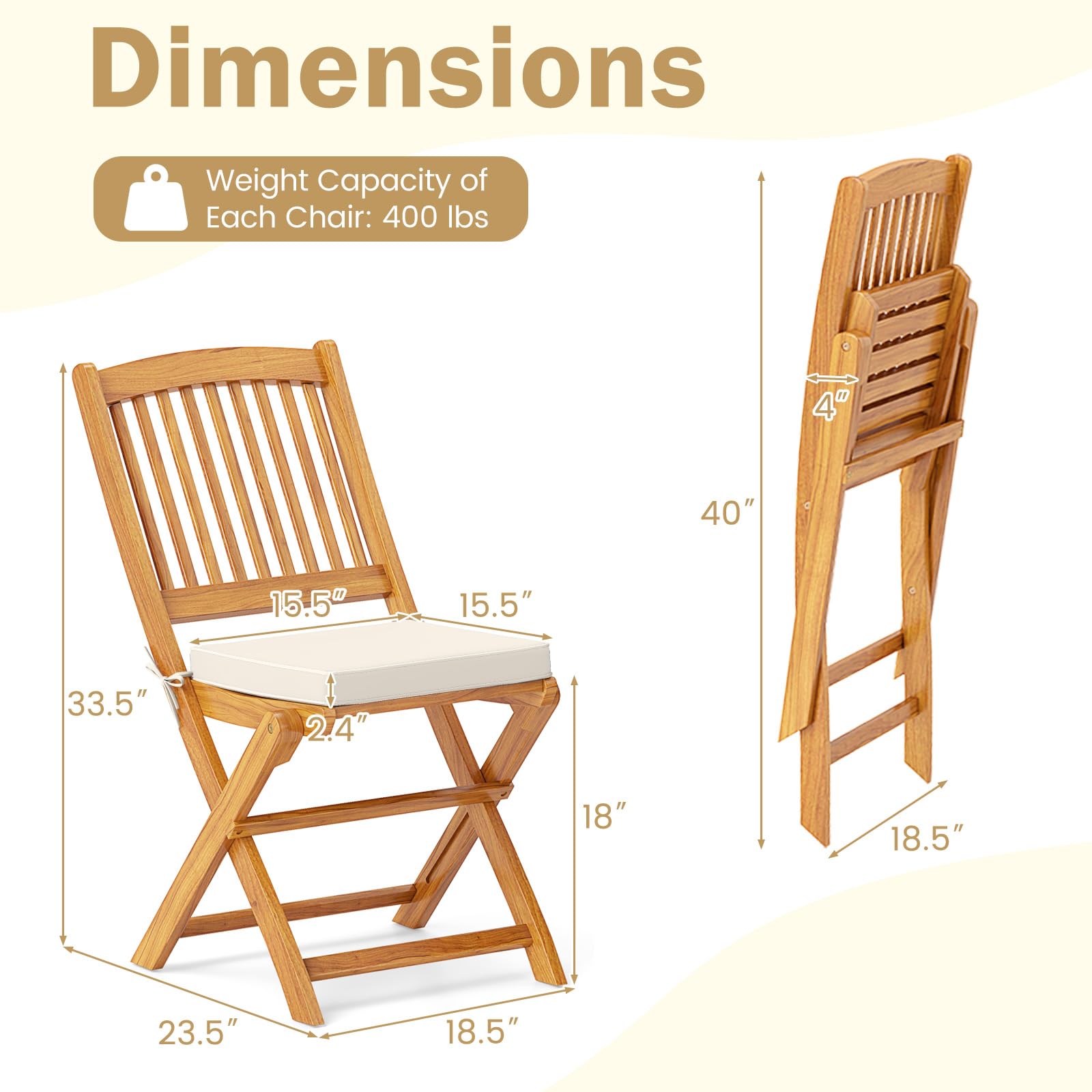 Giantex Patio Folding Chairs Set of 2, Portable Acacia Wood Dining Chairs w/Seat Cushion, 400 LBS Weight Capacity