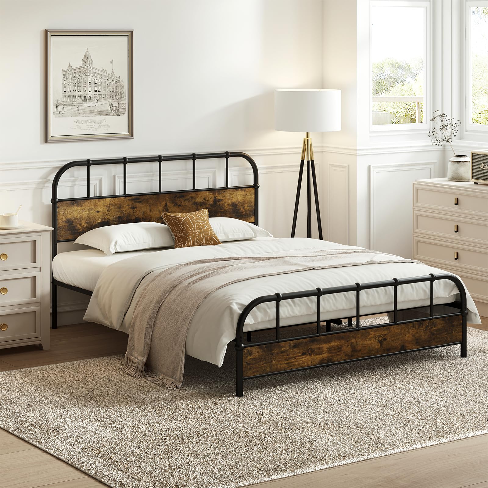 Giantex Queen Size Metal Bed Frame with Wood Headboard, Industrial Platform Bed Frame with Heavy Duty Metal Slat