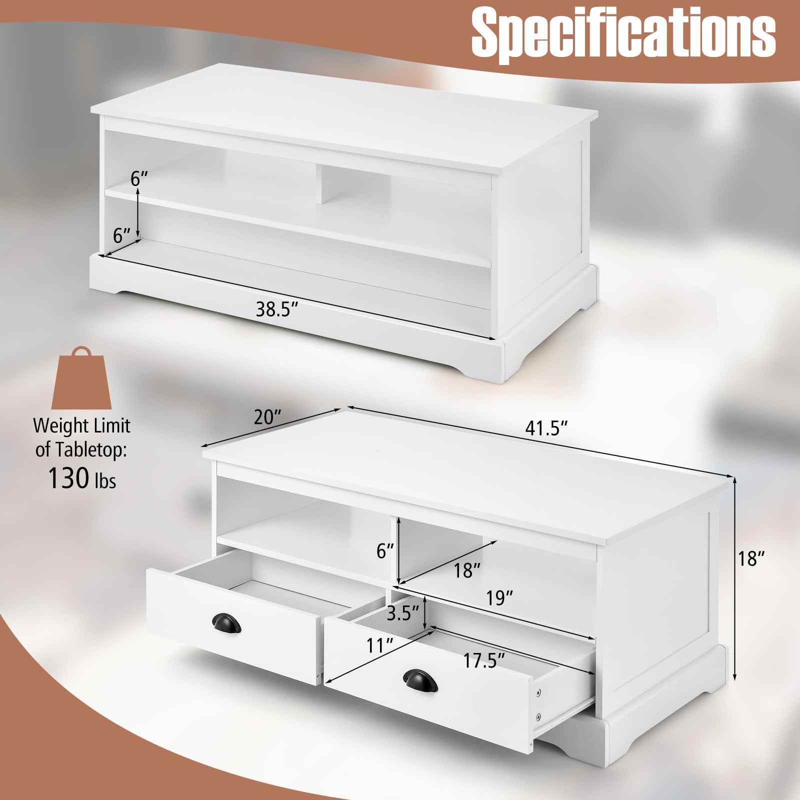 Giantex Coffee Table w/Storage, Home Tea Table w/ 2 Drawers & 2 Open Shelves (White)