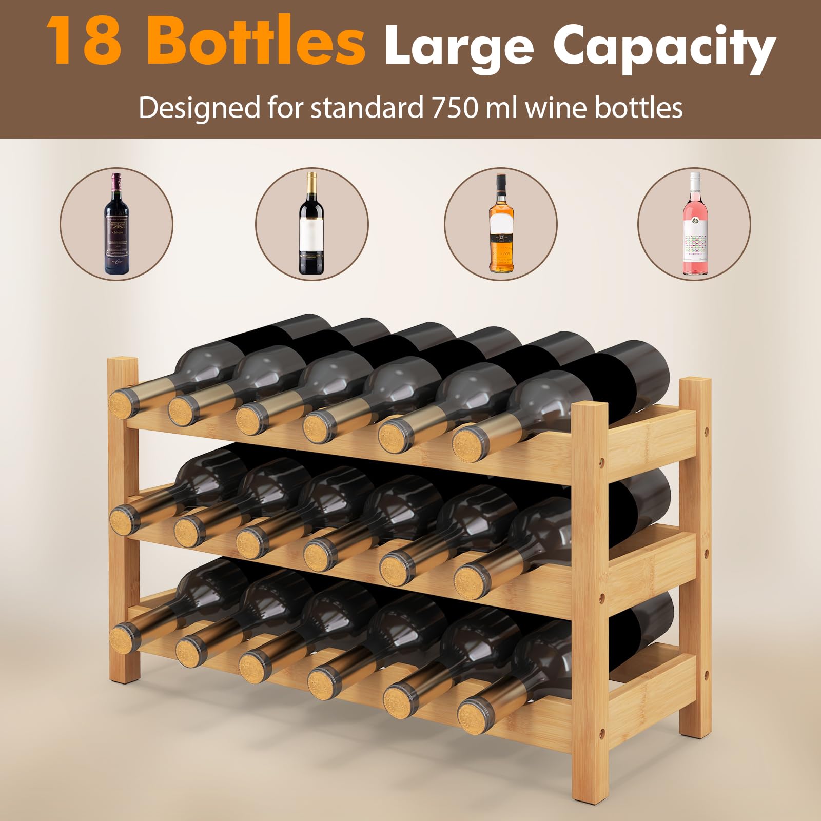 Giantex Bamboo Wine Rack, 3 Tier 18 Bottle Wine Storage Cabinet Shelf, Small Wine Rack Bottle Organizer Freestanding Counter