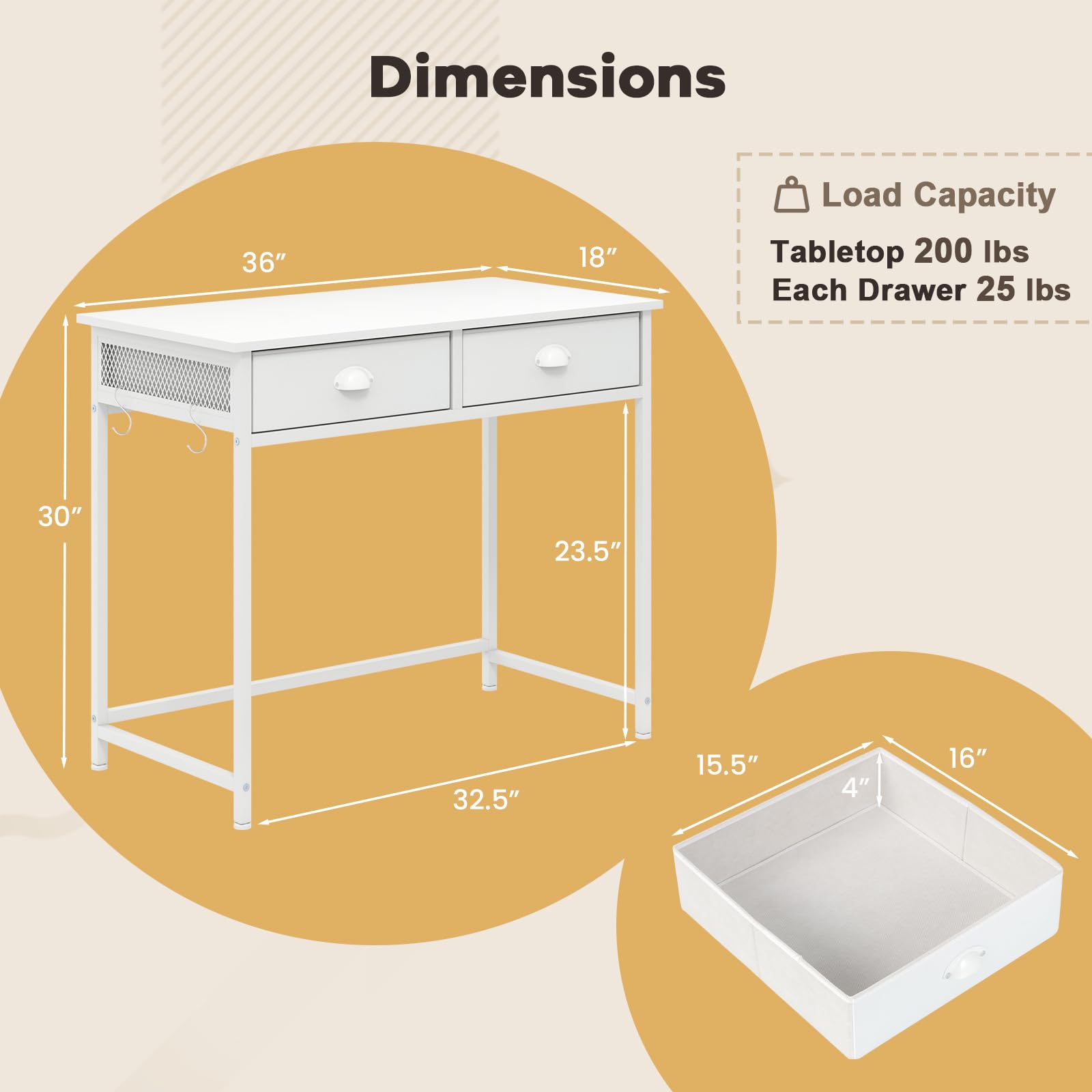 Giantex Small Computer Desk with Fabric Drawers, 36 Inch Home Office Desk with 4 Hanging Hooks & Metal Frame