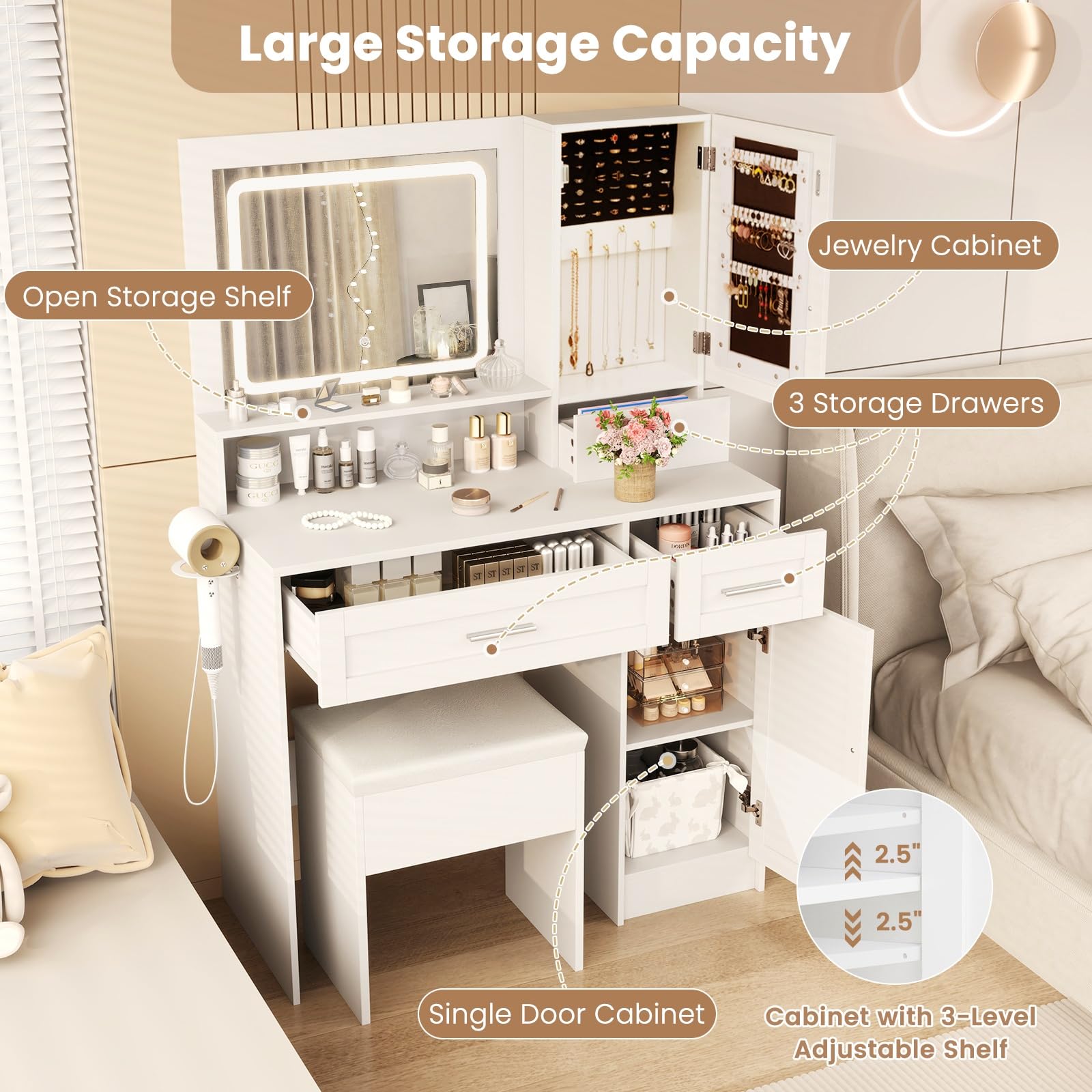 CHARMAID Vanity Desk with Mirror and Lights, Jewelry Storage Cabinet, Farmhouse White Makeup Vanity Desk with Charging Station