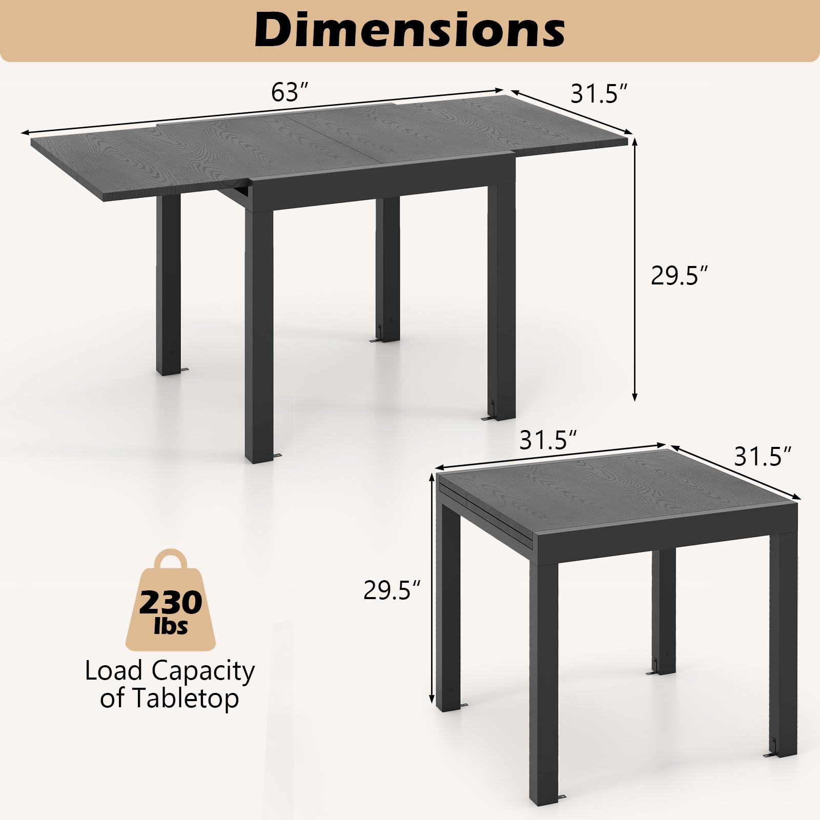 Giantex Expandable Aluminum Dining Table for 4-6 People, 31.5”-63” Extendable Patio Table