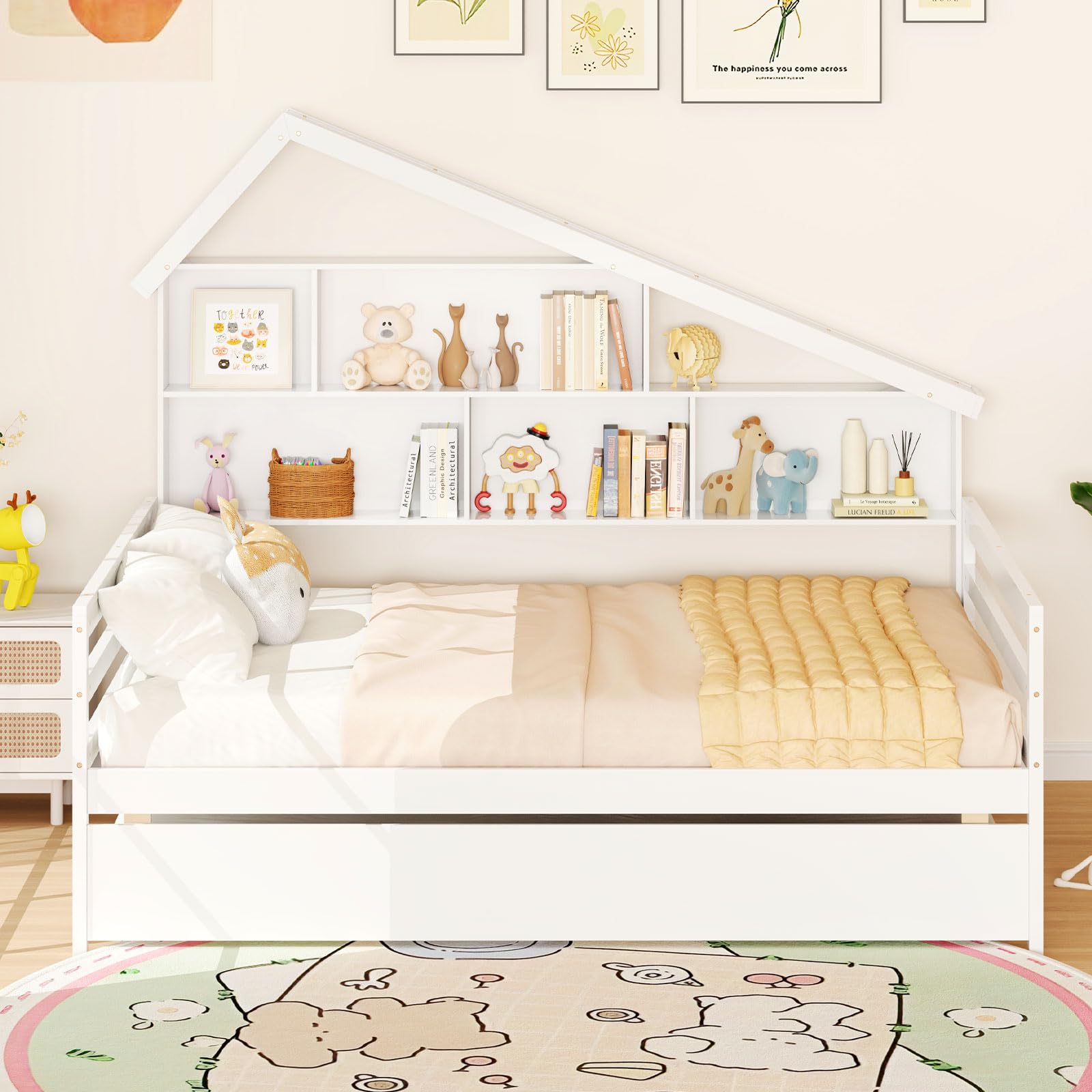 Giantex Full House Bed with Twin Trundle, Wood Daybed with 5 Cube Storage Bookcase & Headboard