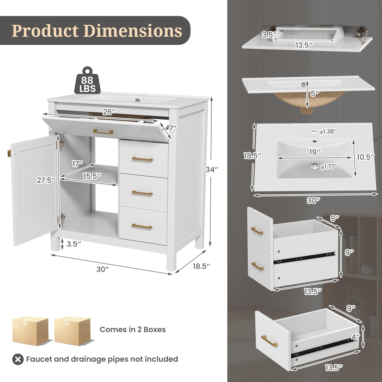 Giantex 30” Bathroom Vanity with Sink, Ceramic Basin Combo with 2 Drawers, 1 Door, 1 Flip-Out Drawer