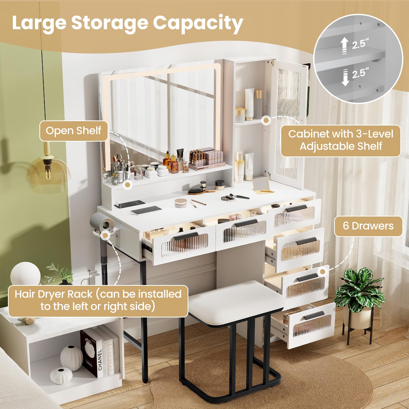 CHARMAID Vanity Desk with Mirror and Lights, White Makeup Vanity Desk with 6 Lighted Drawers & Storage Cabinet