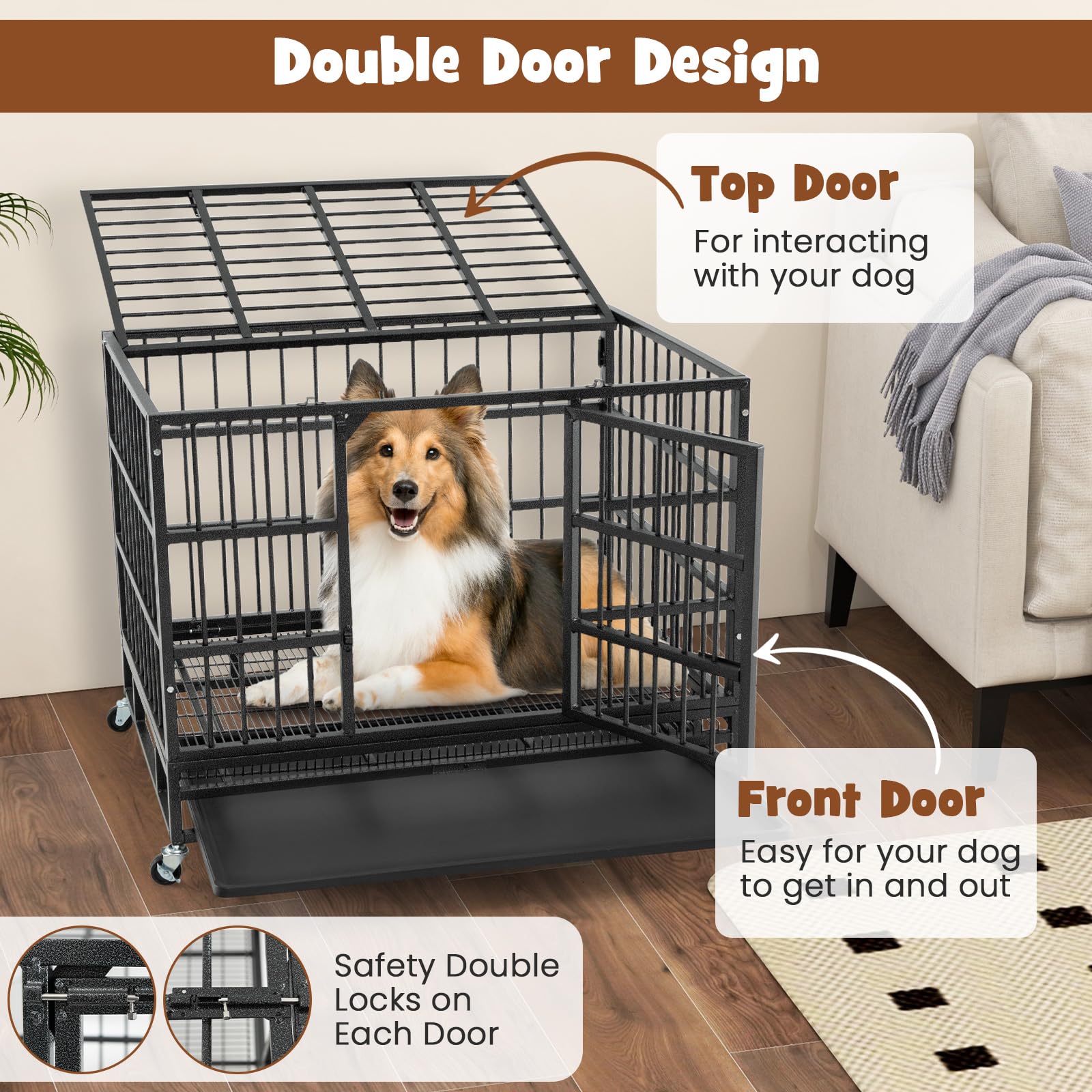 Giantex Heavy Duty Dog Crate, Escape Proof Metal Dog Cage with Double Door