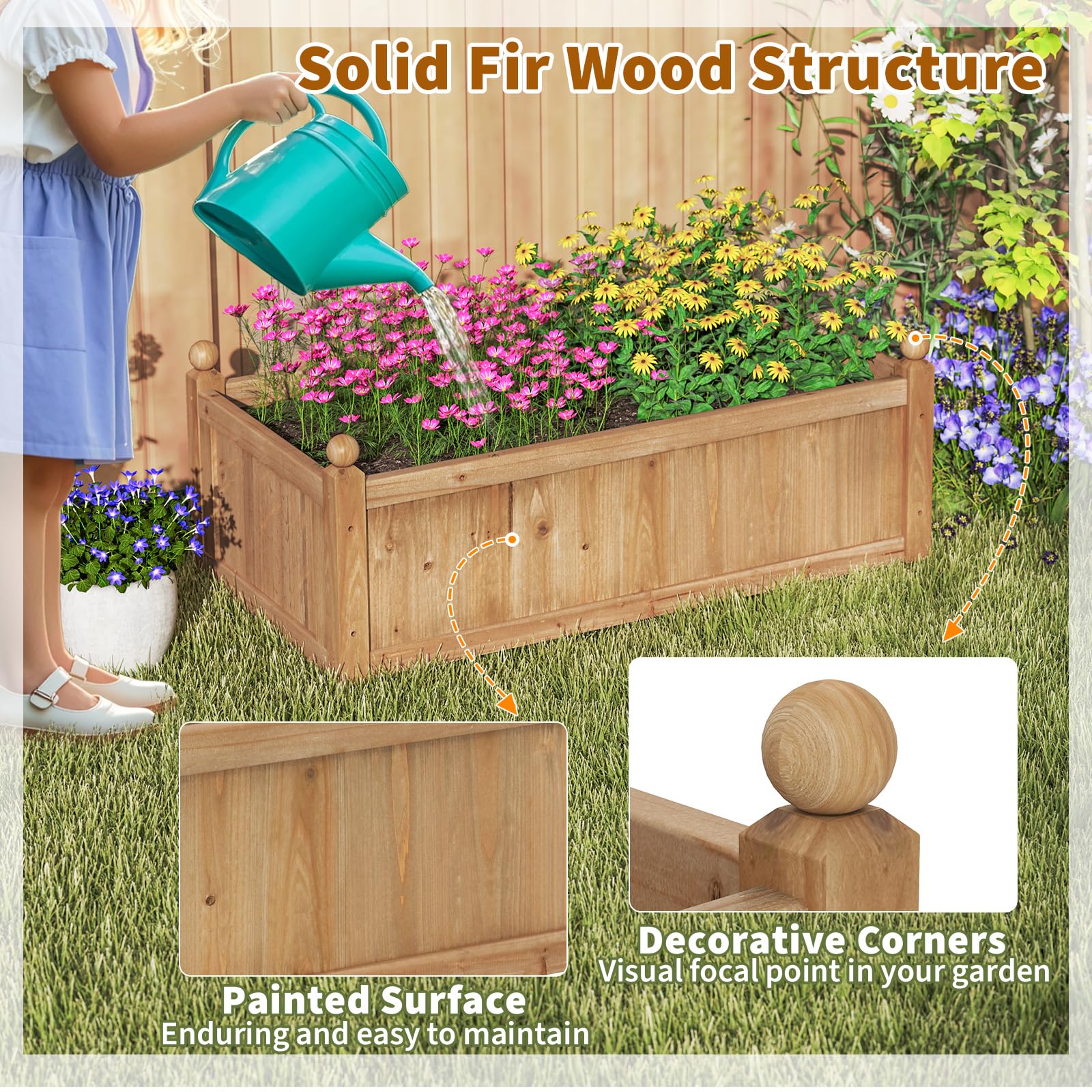 Wood Raised Garden Bed, 46” x 24” x 16” Rectangular Flower Box w/Drainage Holes