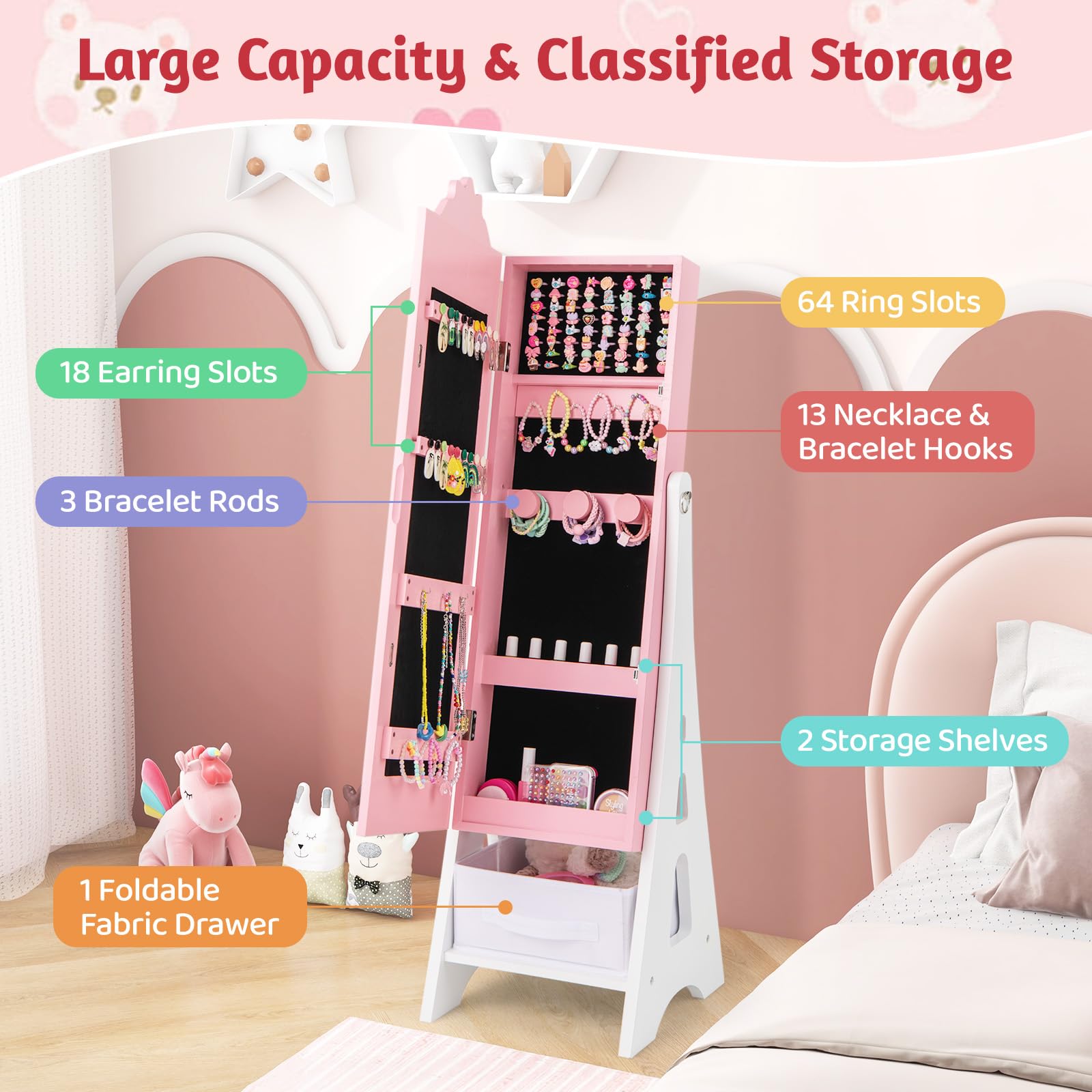 CHARMAID Kids Mirror Jewelry Cabinet - Standing Full Length Mirror with Jewelry Storage