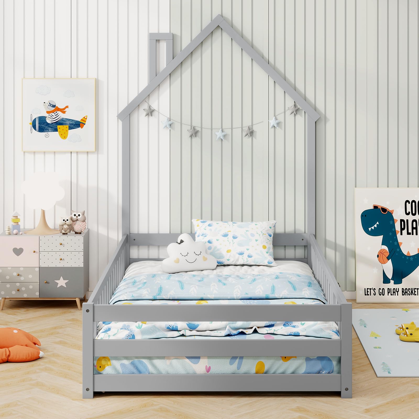 Giantex Twin Floor Bed, House-Shaped Montessori Bed Frame with Headboard, Full-Length Guardrail