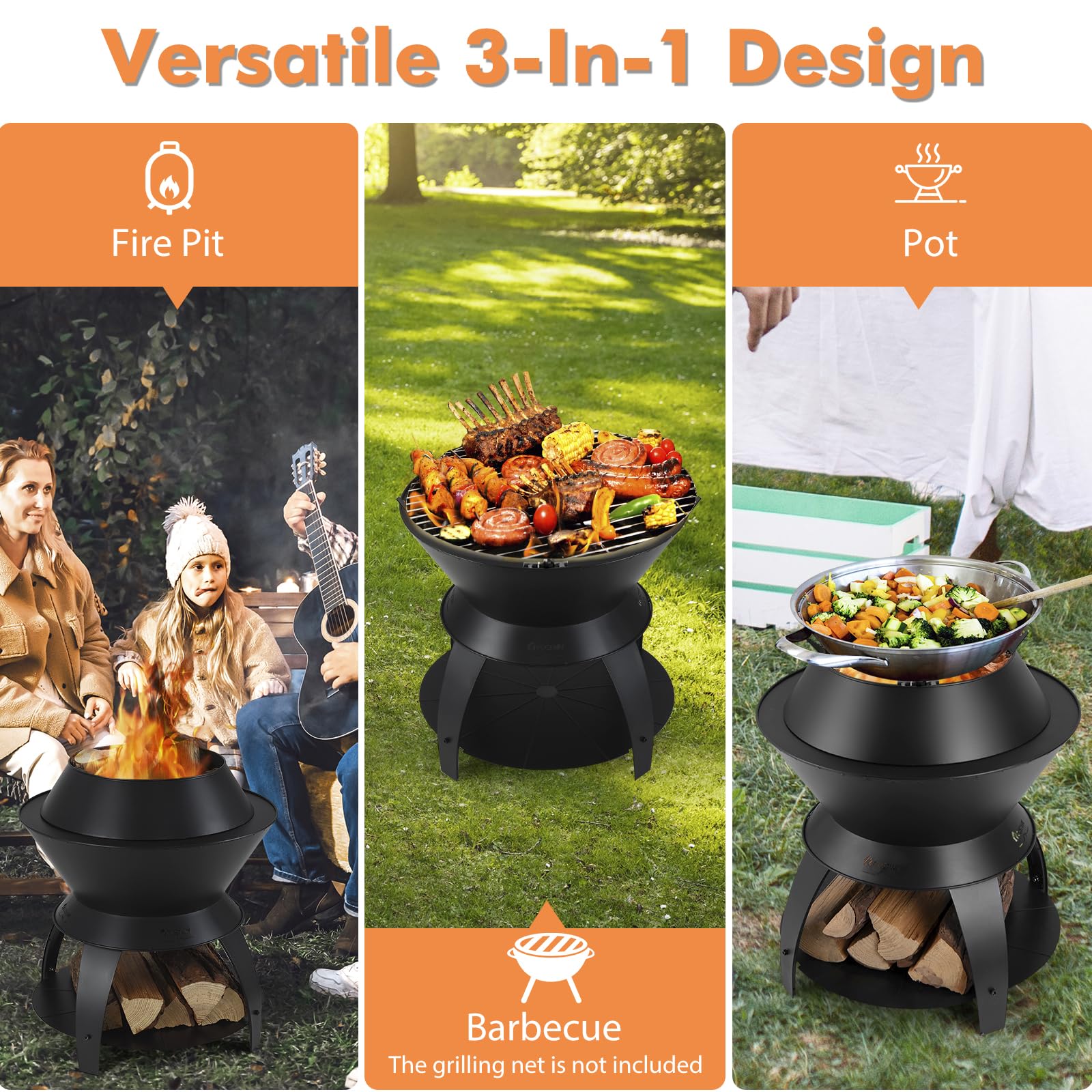 Giantex 3-in-1 Smokeless Fire Pit, 20" Wood Burning Firepit w/Removable Wok Ring & Ash Pan