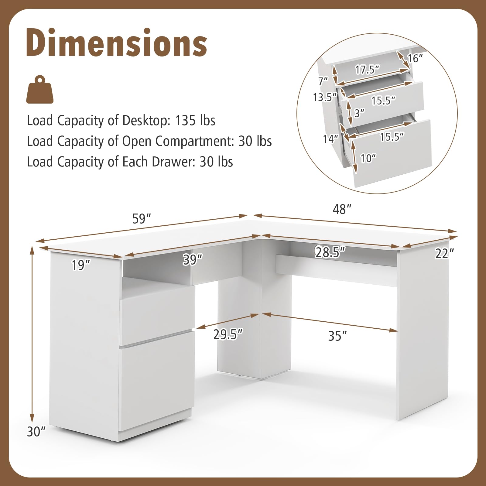 Giantex L Shaped Computer Desk with Drawers, 59" Corner Desk Workstation with Storage Shelf & Cable Holes