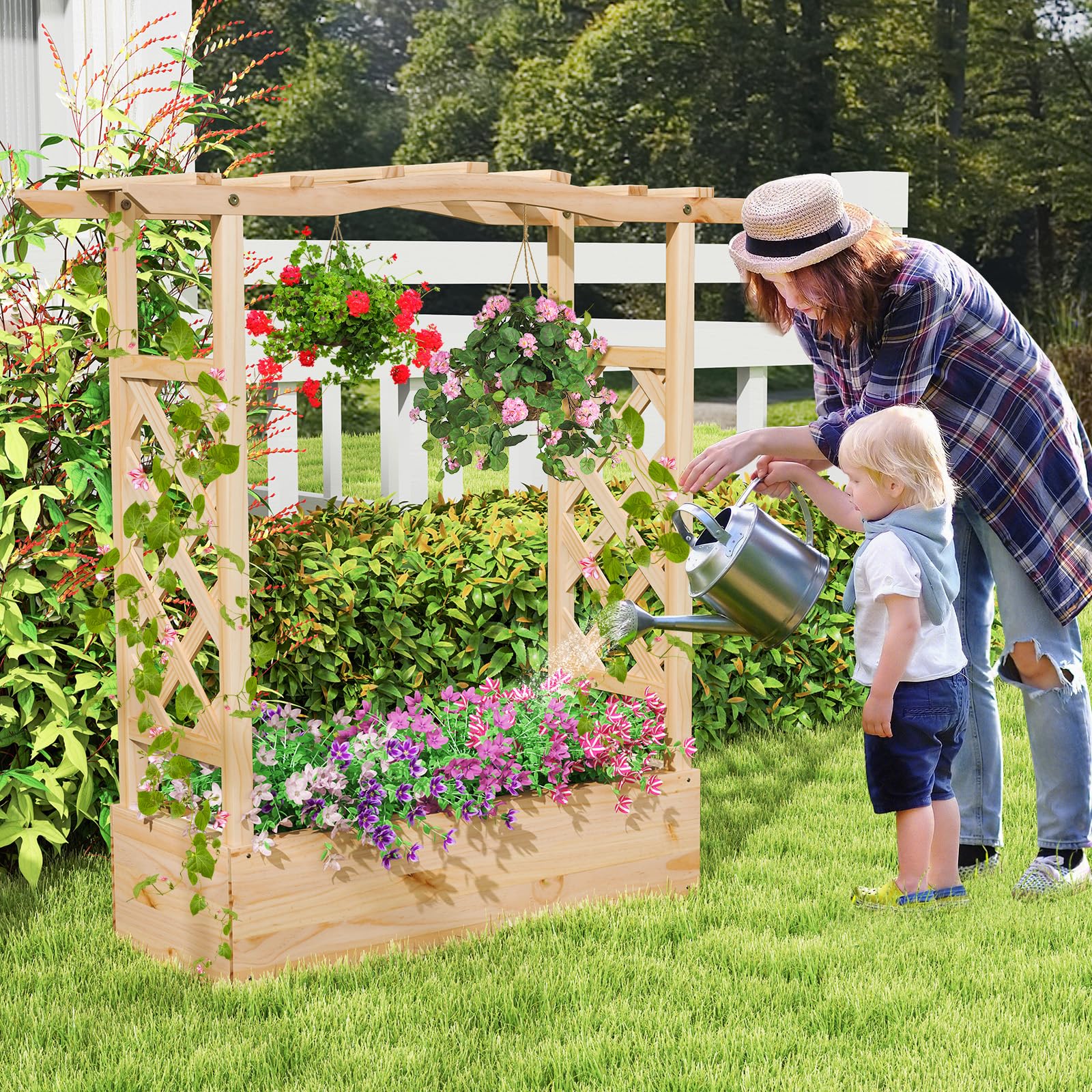 Giantex Raised Garden Bed with Sided Trellis & Hanging Roof, Wood Planter Box, 44”x14”x45” (L x W x H)