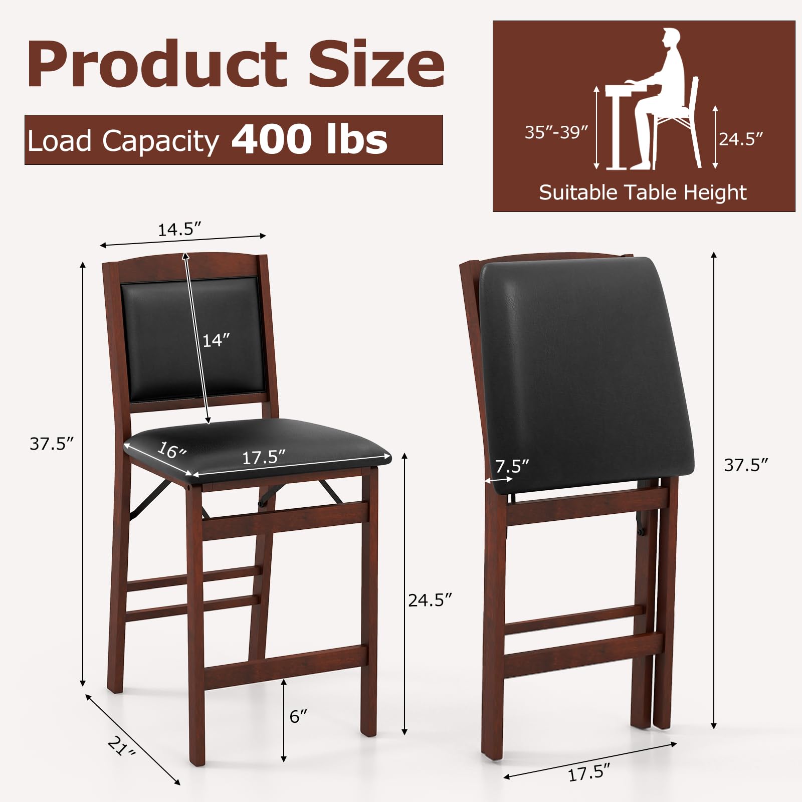 Giantex Folding Counter Height Bar Stools Set of 2/4, 24.5" Farmhouse Barstools w/Padded Back & Seat