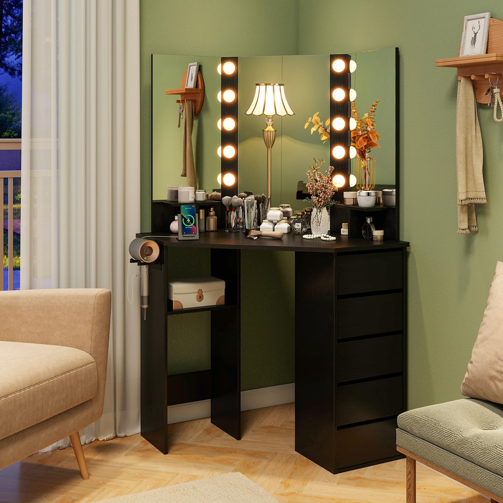 CHARMAID Corner Vanity Desk with Mirror and Lights