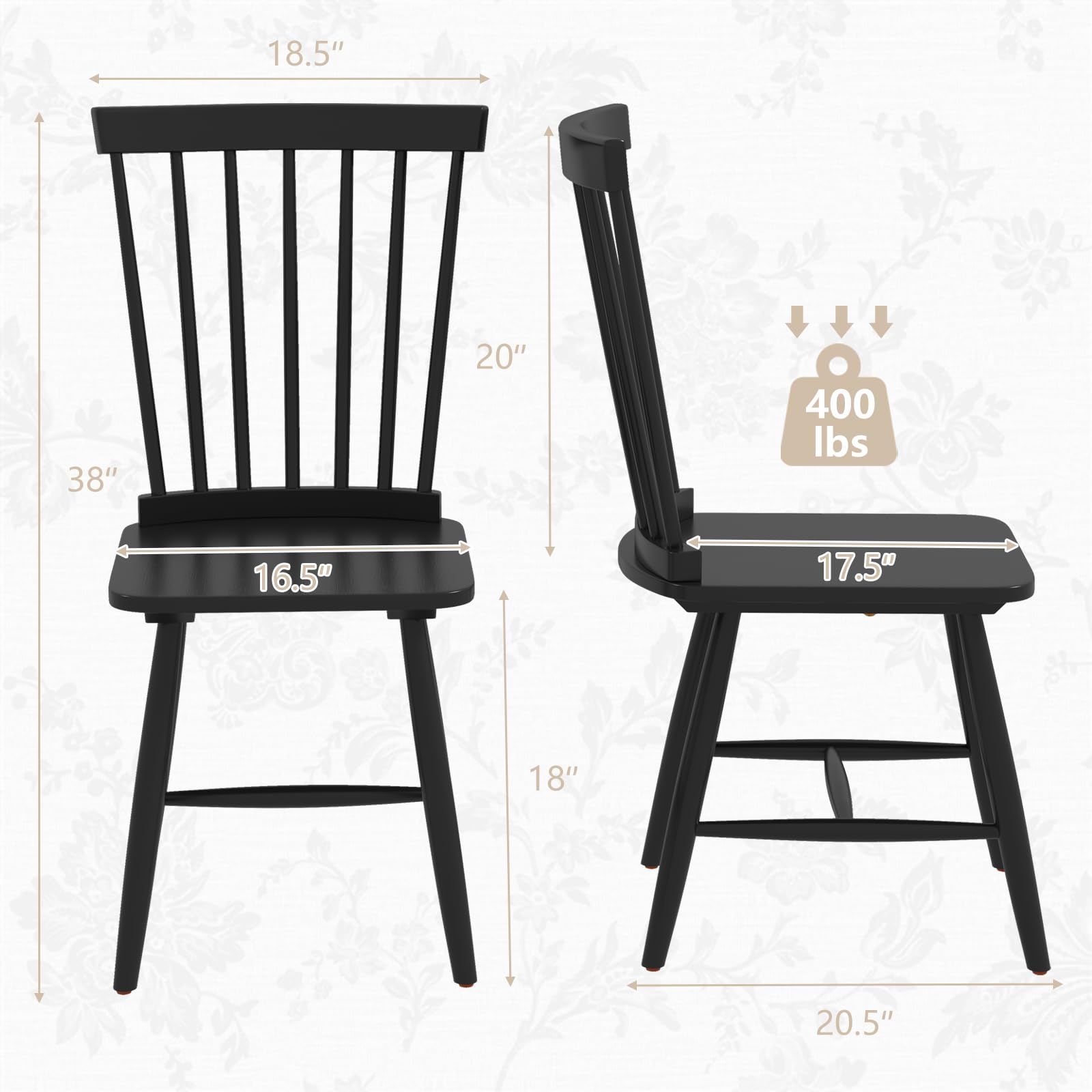 Giantex Windsor Dining Chairs Set of 2/4 Black, w/Wide Seat & Spindle Back, Max Load 400 Lbs