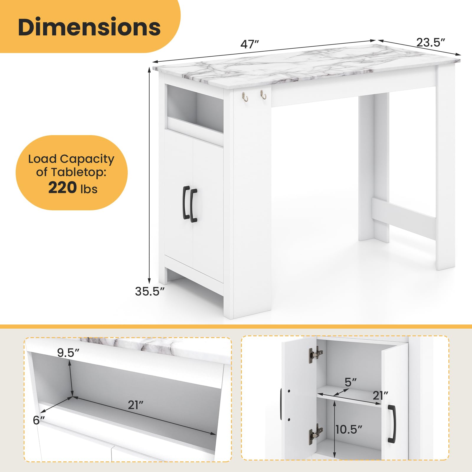 Giantex Bar Table, 47” Counter Height Dining Table with 7 Hanging Hooks, Compartment, Cabinet & Adjustable Shelf