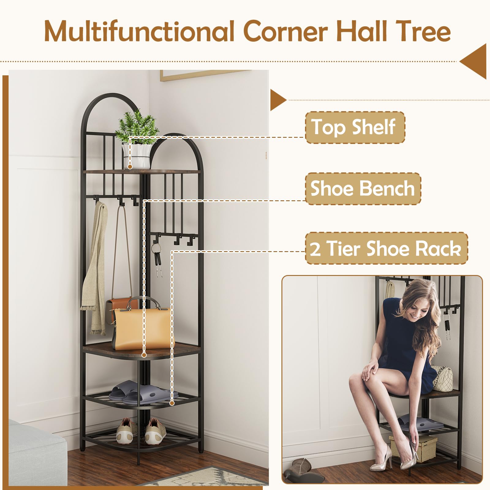 Giantex Corner Hall Tree, 71" Corner Coat Rack w/Shoe Storage Bench, 6 Removable Hooks, 4-Tier Entryway Shoes Shelf Organizer