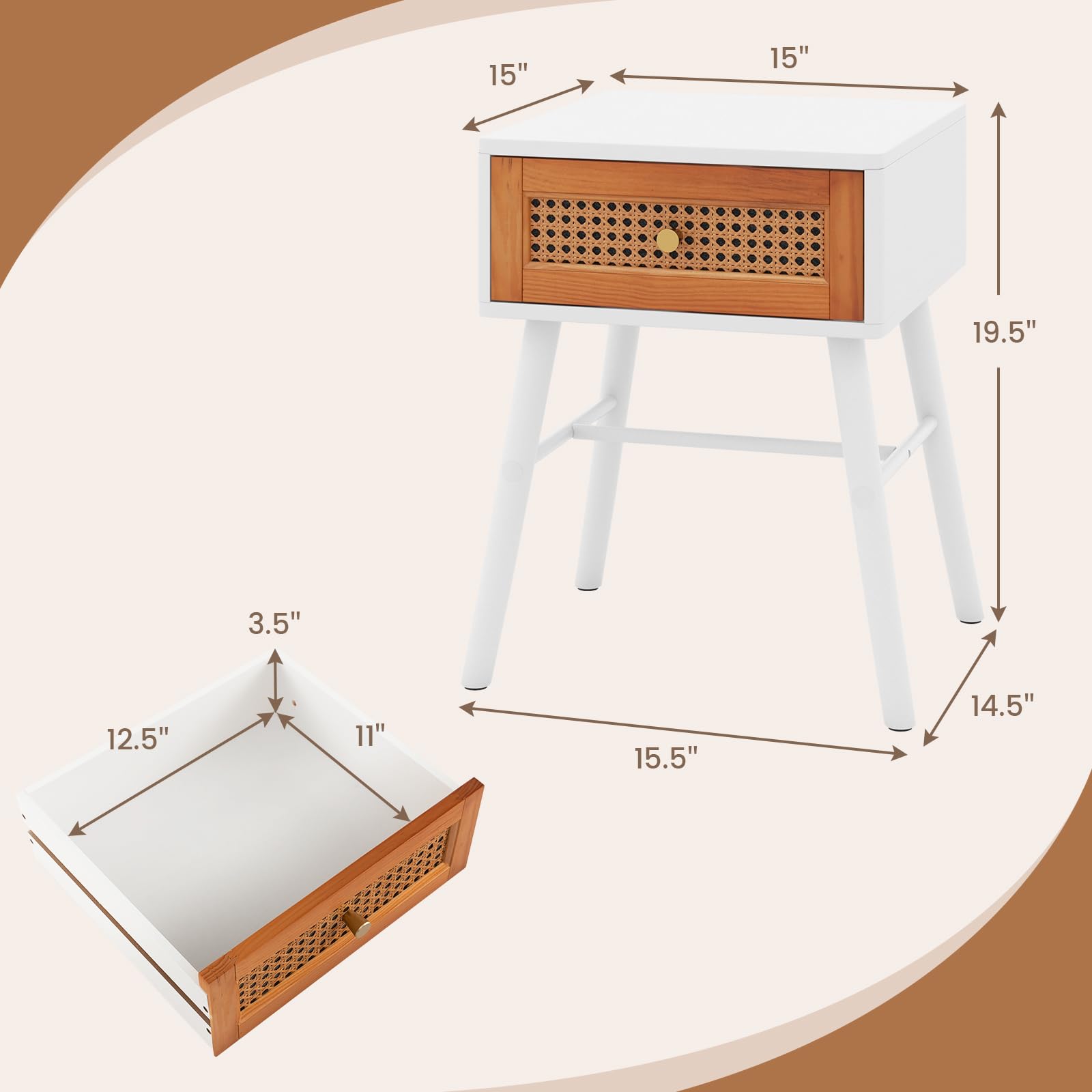 Giantex Rattan Nightstand, Mid Century Modern End Table with Handwoven Rattan Decorated Drawer