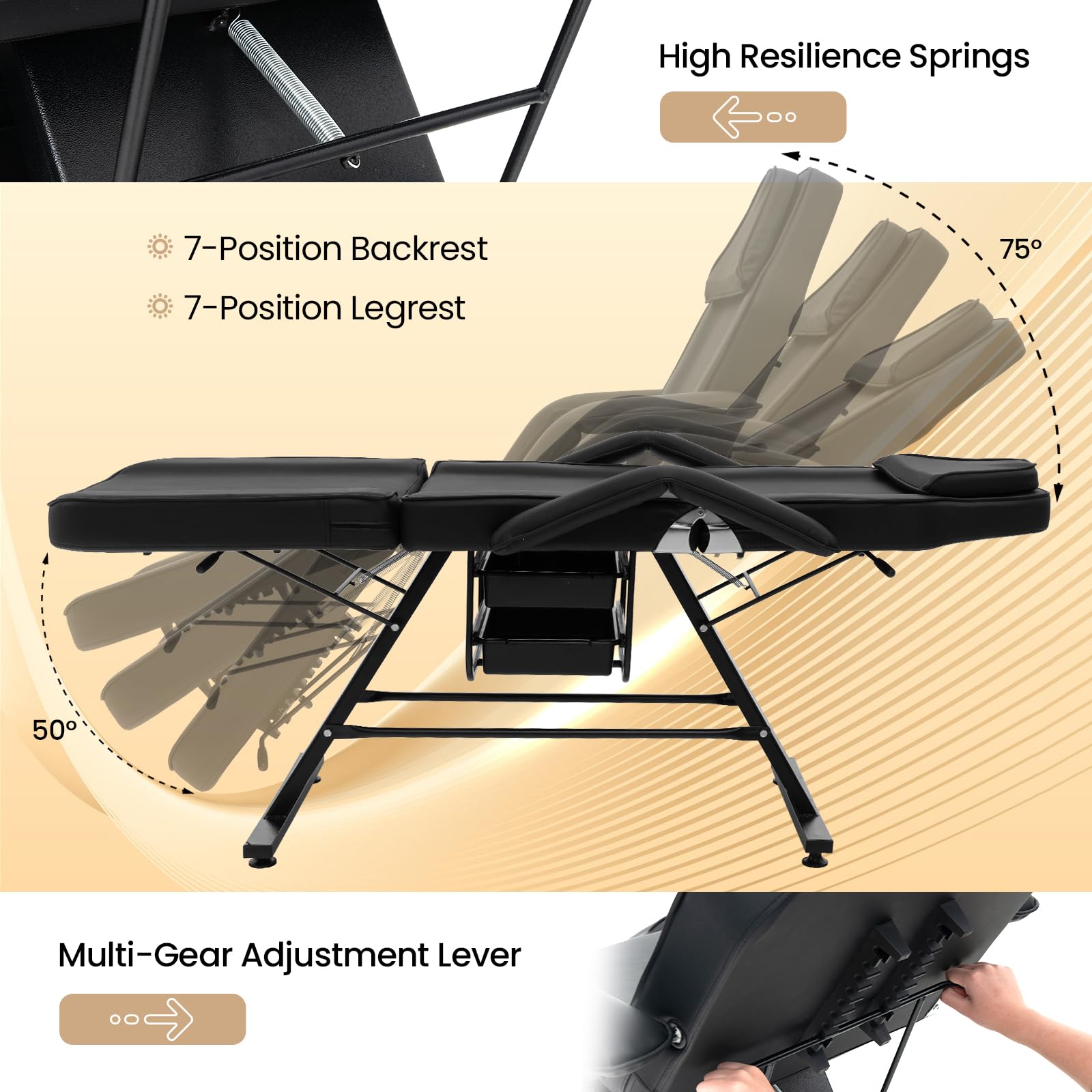 Giantex 72" Massage Bed with Hydraulic Stool, 3-Section Tattoo Chair with Adjustable Backrest, Legrest & Storage Boxes