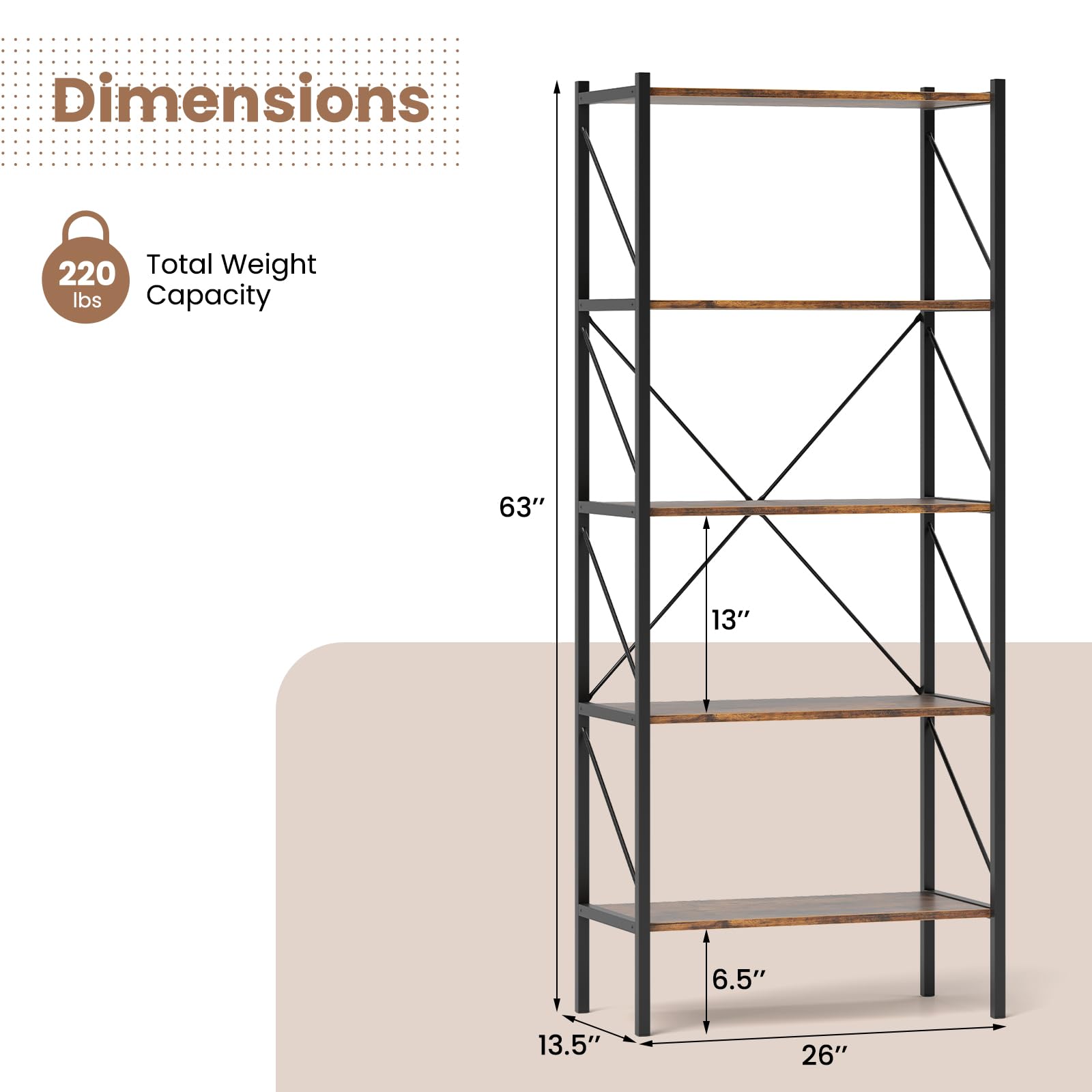 Giantex 5-Tier Bookshelf, Industrial Tall Bookcase with Open Storage Shelves & Heavy Duty Metal Frame