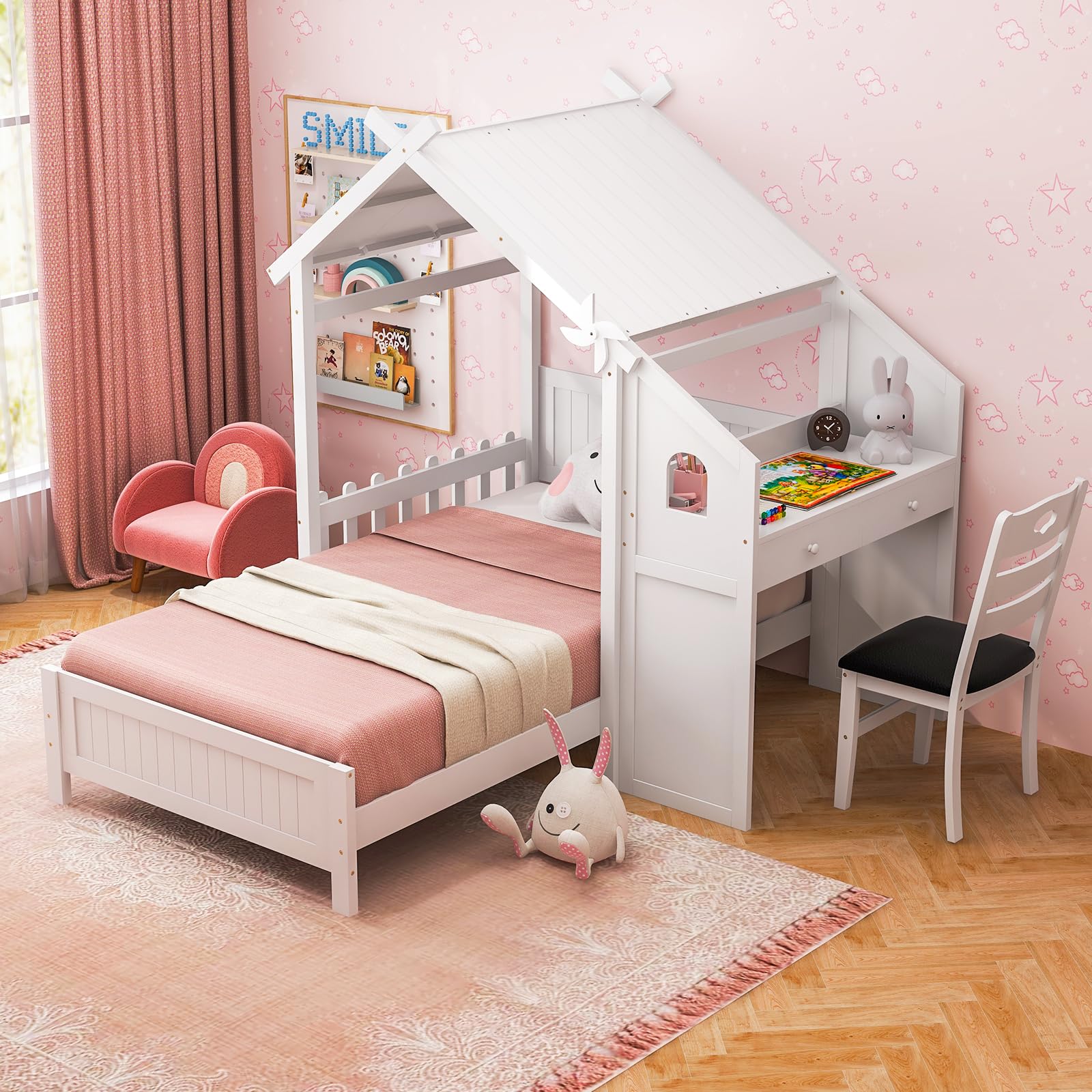 Giantex Twin House Bed with Desk & Chair, Wood Kids Playhouse Bed with 2 Drawers