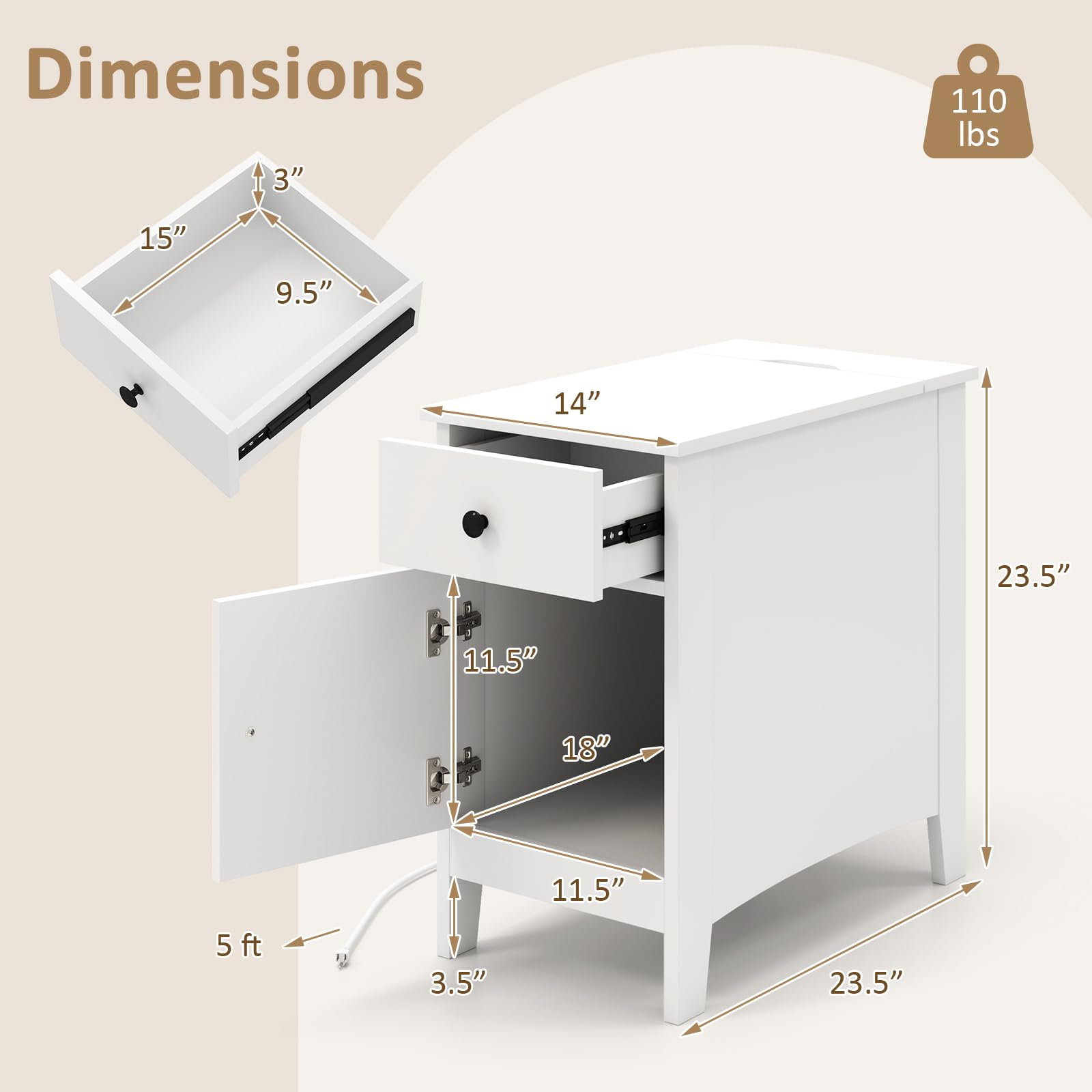 Giantex Nightstand with Charging Station, Flip Top End Table w/USB Ports & Outlets, Modern Side Table w/Storage Drawer