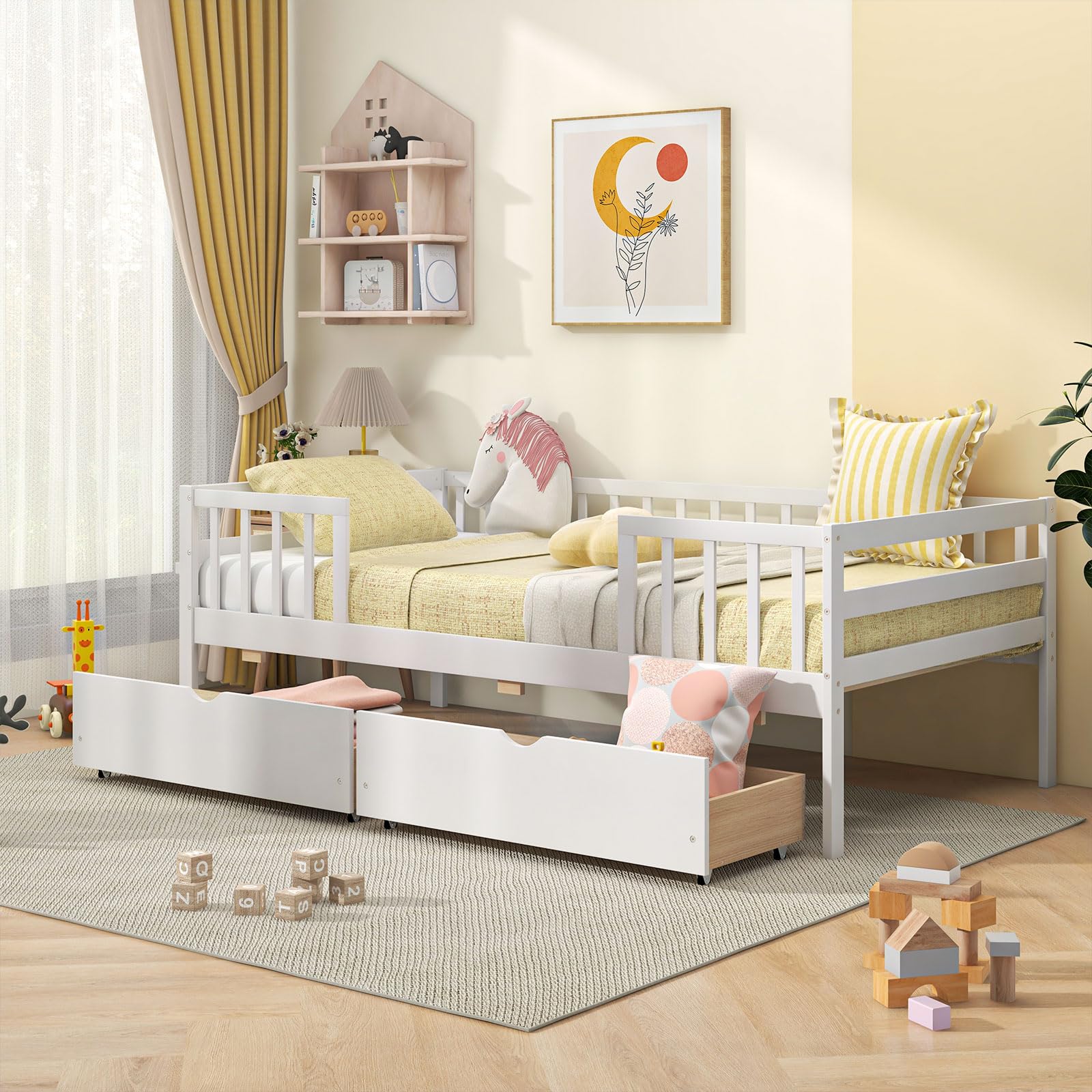 Giantex Twin Daybed with Drawers, Wooden Twin Bed Frame with Side Storage & Slats Support