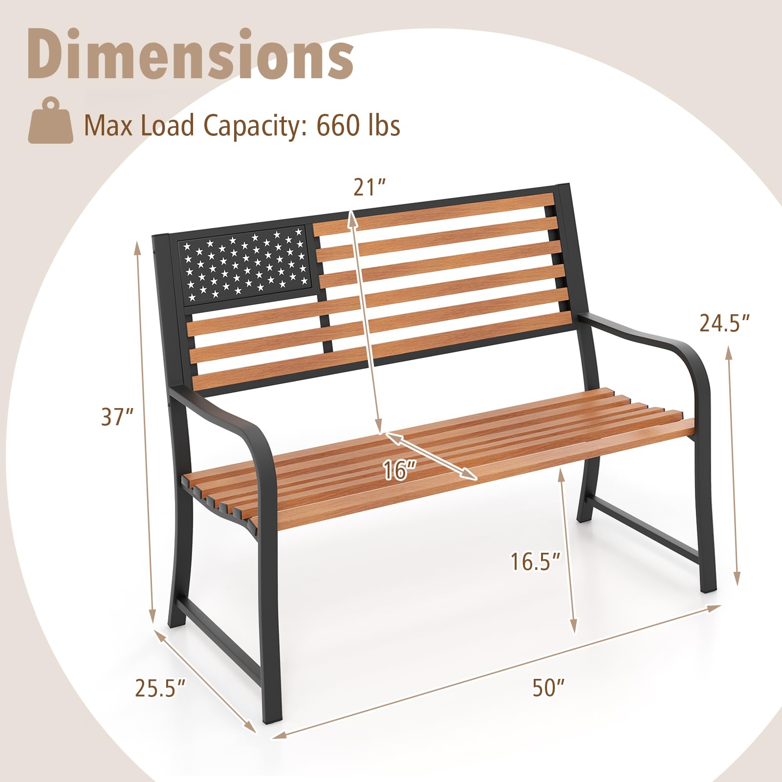 Giantex Outdoor Bench, 2-Person Metal Garden Bench with American Flag Backrest