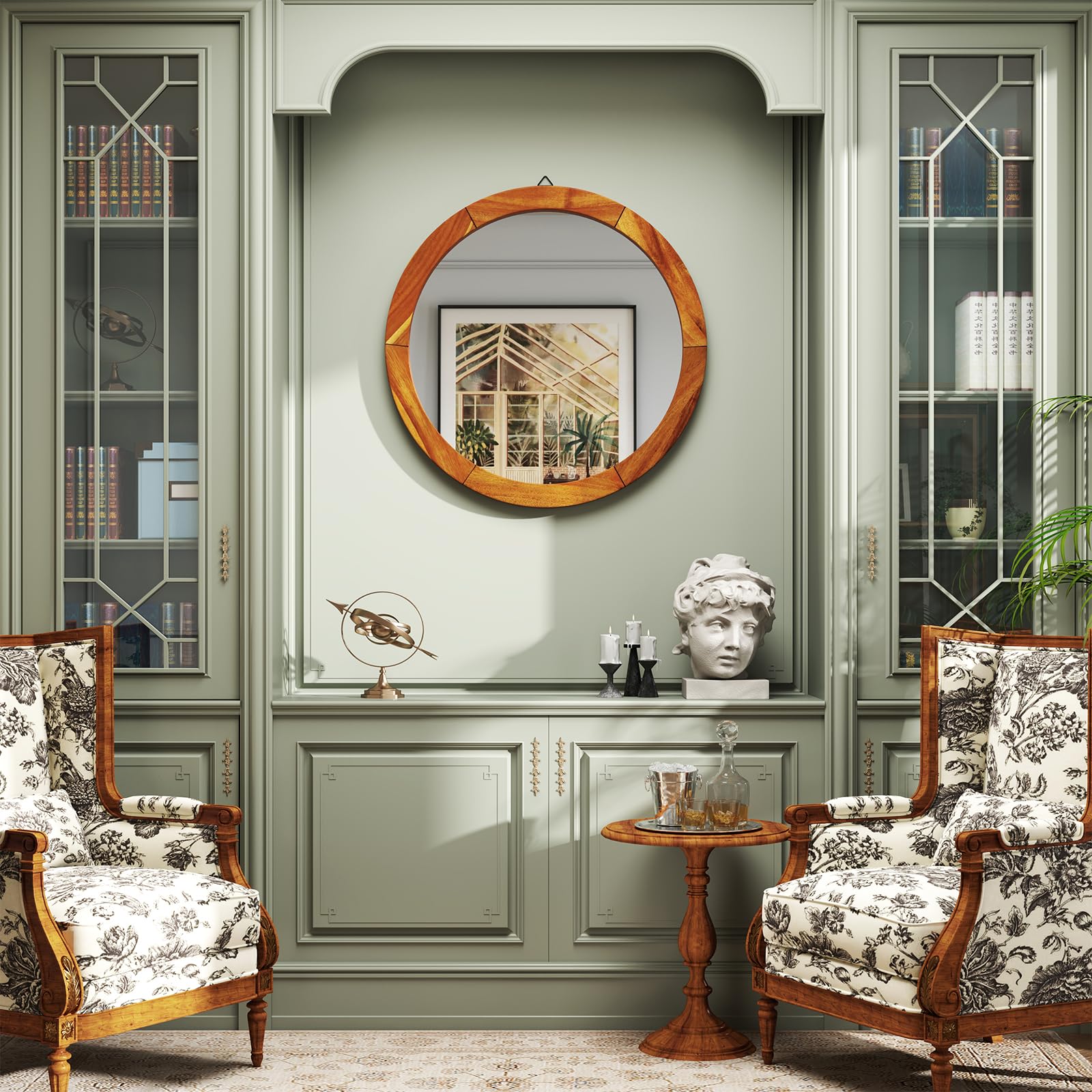Farmhouse Wall Mirror Round Mirror with Solid Acacia Wood Frame