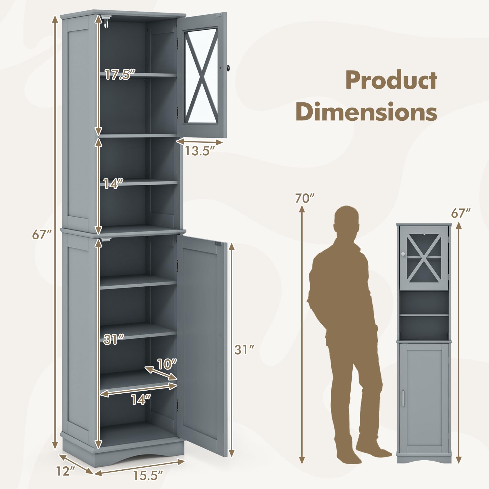 Giantex 67" Tall Storage Cabinet, Bathroom Floor Cabinet with Acrylic Door, Adjustable Shelves