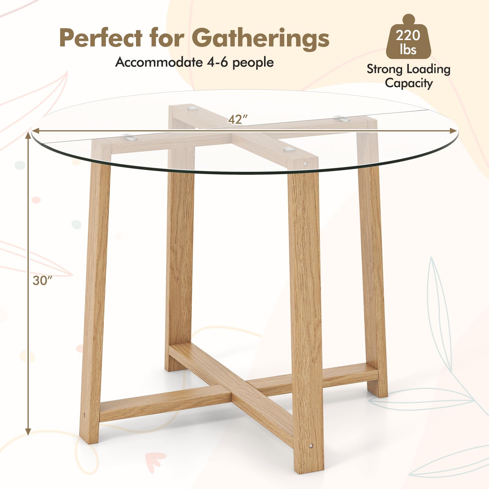 Giantex 42” Round Dining Table for 4, Kitchen Table with 0.3” Tempered Glass Tabletop, Rubber Wood Legs