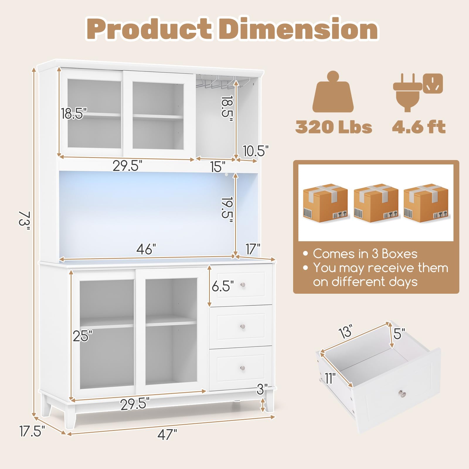 Giantex 73" Kitchen Pantry Storage Cabinet, Hutch Cabinet with LED Lights & Power Outlet, Kitchen Buffet Cabinet w/Wine Glass Racks