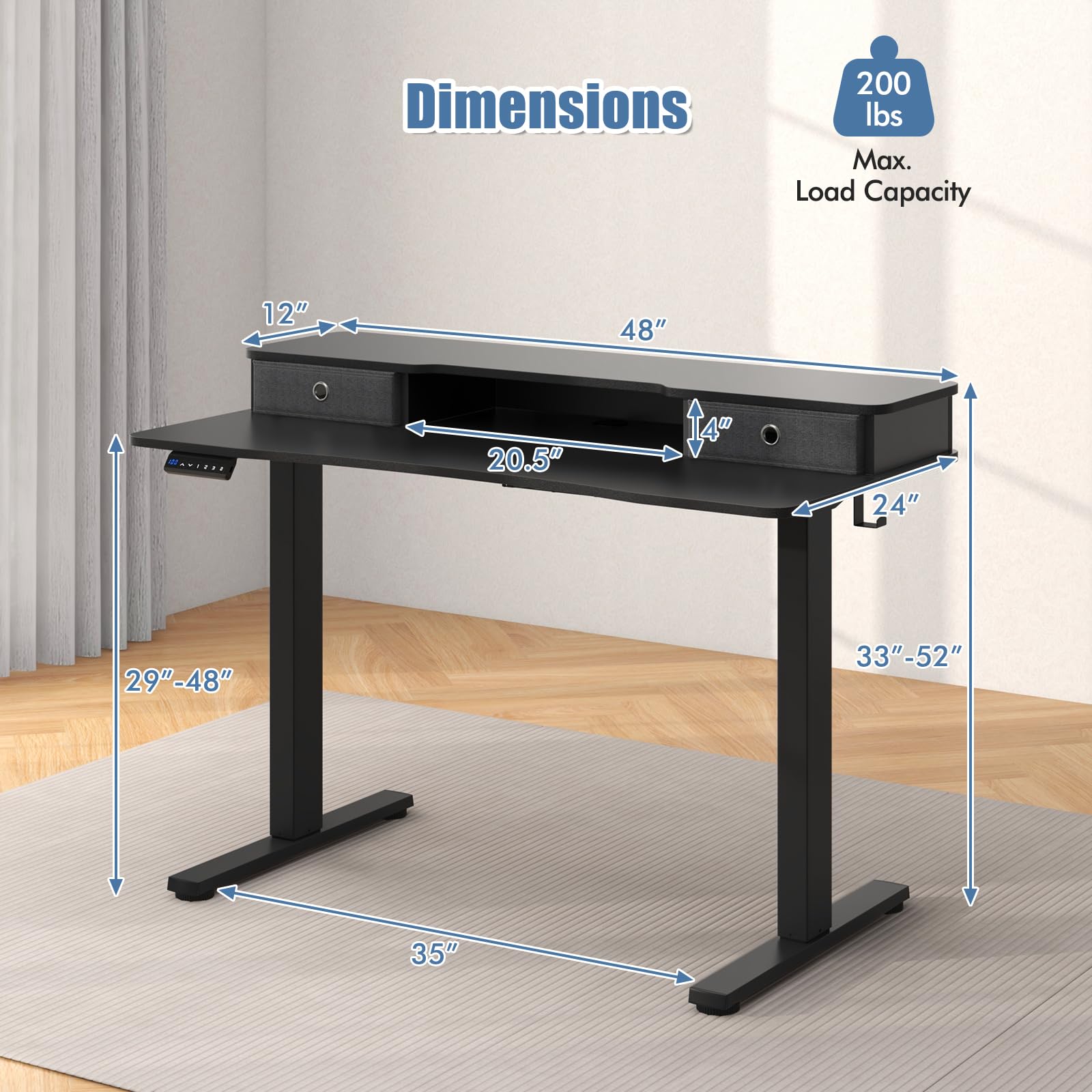 Giantex Electric Standing Desk with 2 Drawers, 48" /55"x 24" Height Adjustable Electric Stand Up Desk with Storage Shelf