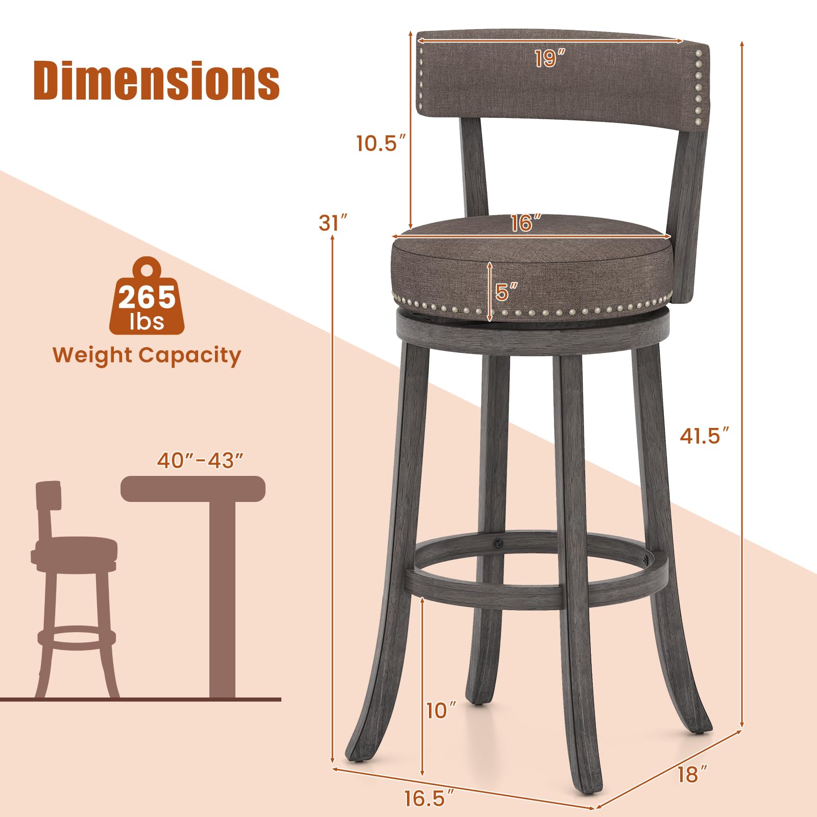 Giantex 31" Bar Stools Set, Swivel Bar Height Bar Chairs with Footrest, Rubber Wood Frame