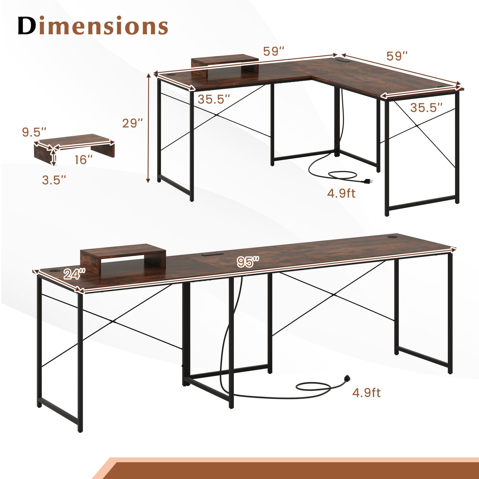 59 Inch Reversible Corner Desk with Power Outlet and USB Ports & Monitor Stand