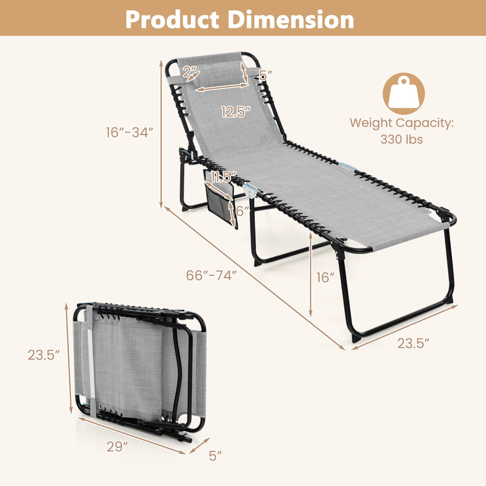 Giantex Patio Lounge Chairs for Outside - Set of 1/2 Folding Tanning Chair w/Headrest, 4 Adjustable Positions, Side Pocket