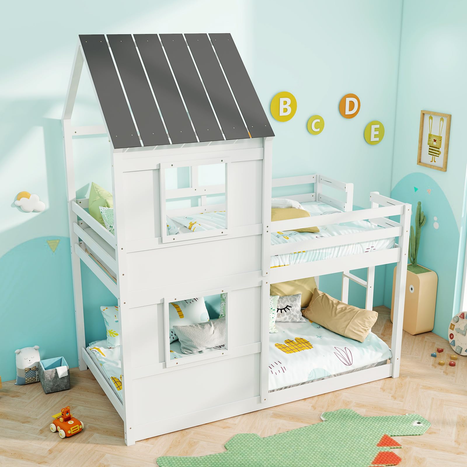 Giantex House Bunk Bed Twin Over Twin, Solid Wood Floor Bunk Bed with Built in Ladder, Window & Safety Guardrail