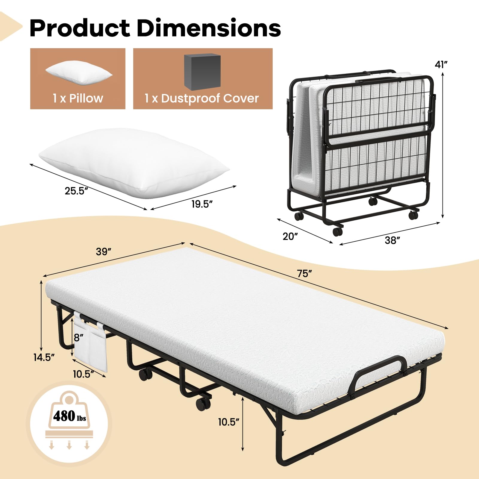 Giantex Folding Bed with Mattress and Pillow, Twin Size Portable Guest Bed w/Metal Frame