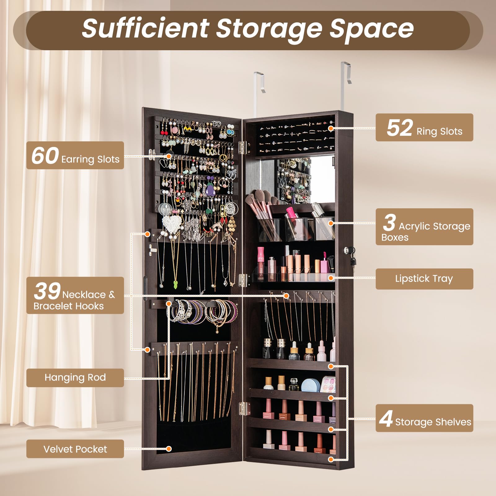 CHARMAID Jewelry Cabinet Wall or Door Mounted, Hanging Lockable Jewelry Armoire Storage with Full Length Mirror