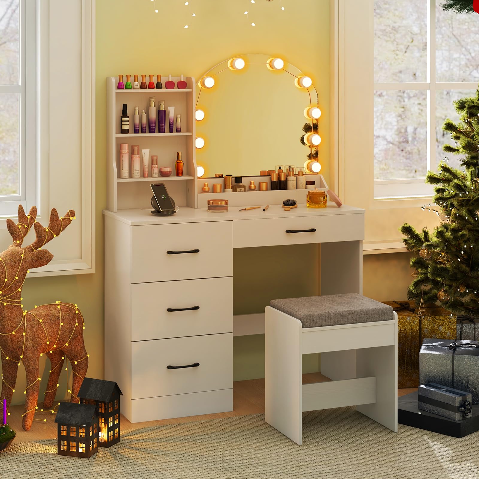 Vanity Desk with Lights - Makeup Vanity Table with Charging Station, 4 Drawers, 3 Storage Shelves