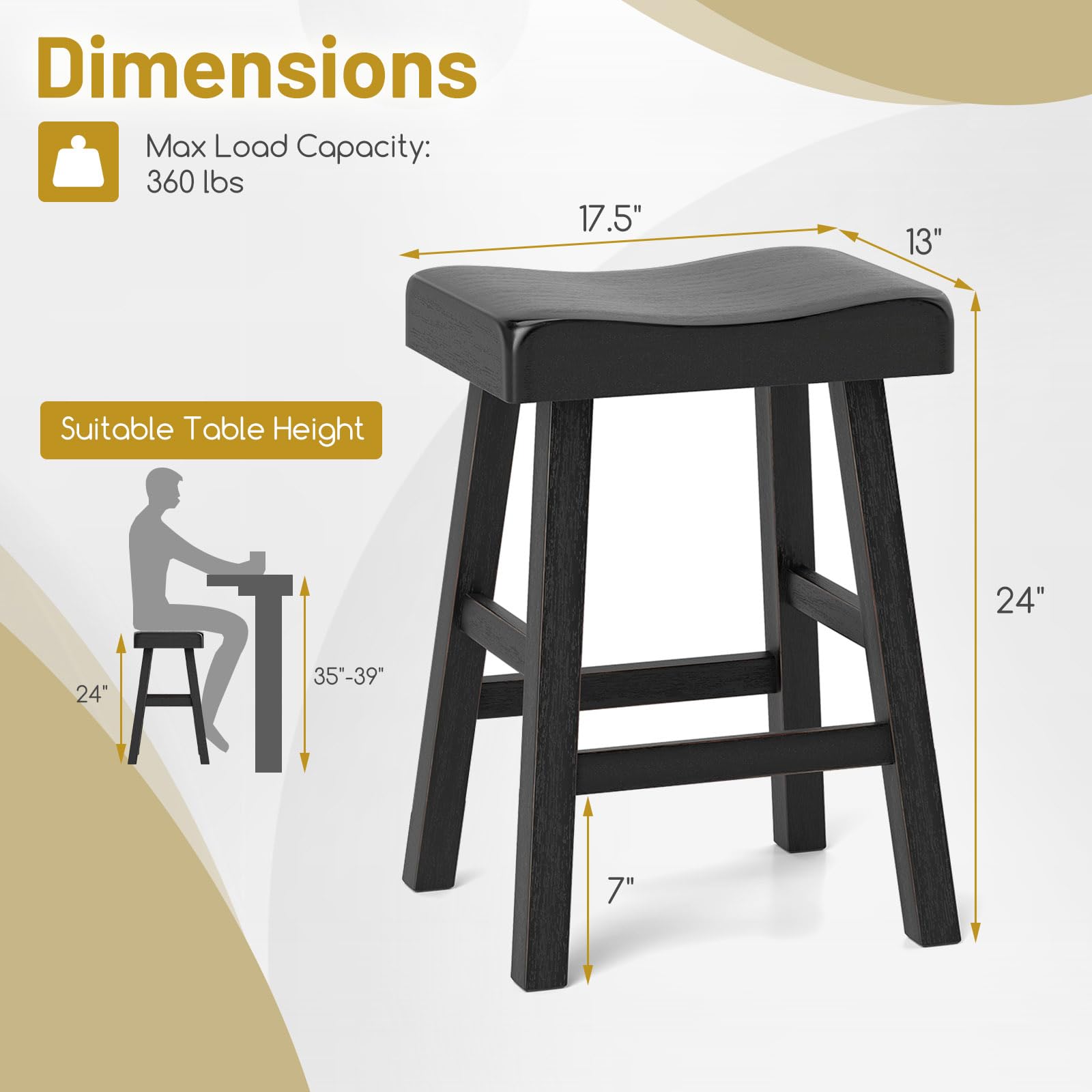 Giantex 24" Bar Stools Set, Counter Height Saddle Bar Stools w/Footrests, Acacia Wood Seats, Rubber Wood Crossbars